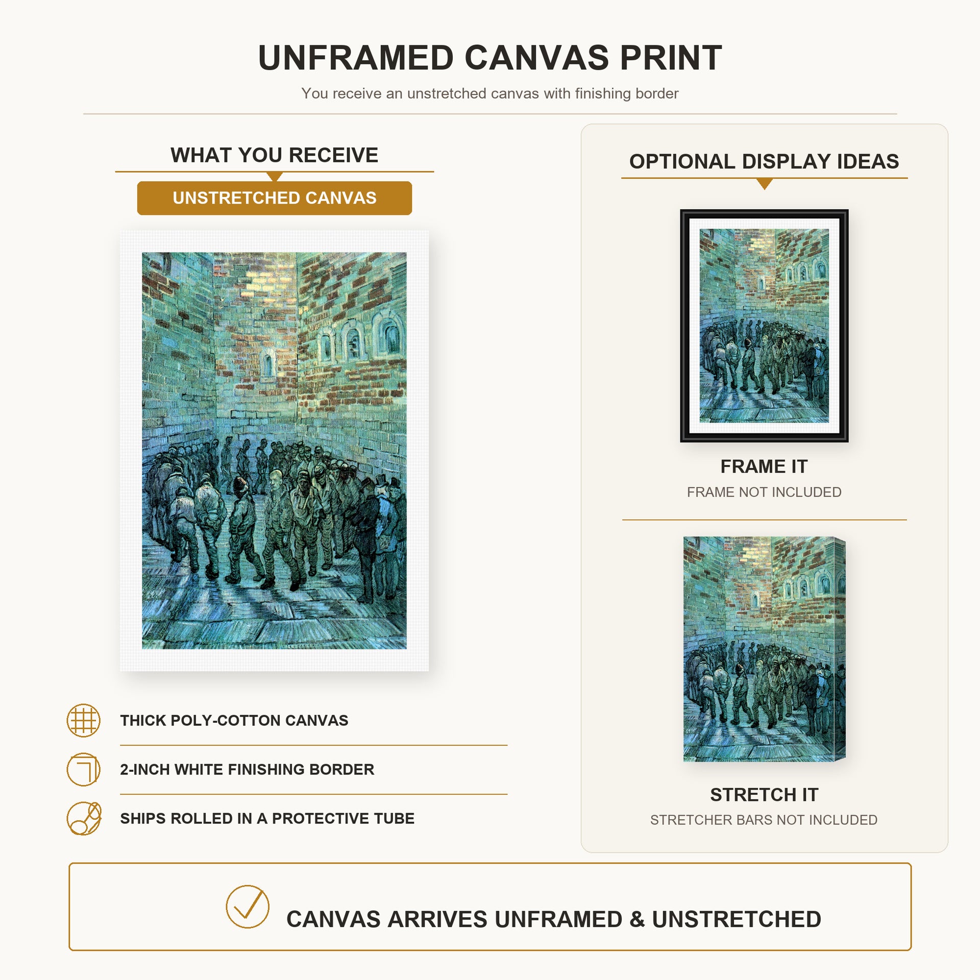Vincent van Gogh - Prisoners Exercising canvas print size comparison and framing display infographic