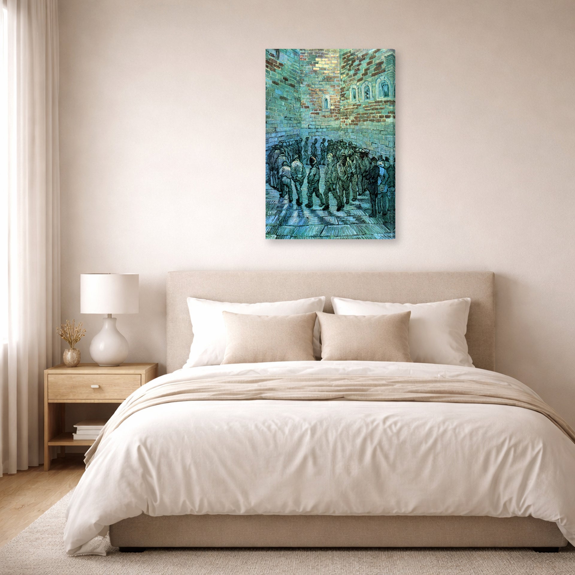 Gallery-wrapped canvas print of Vincent van Gogh's Prisoners Exercising displayed on a wall in a bedroom