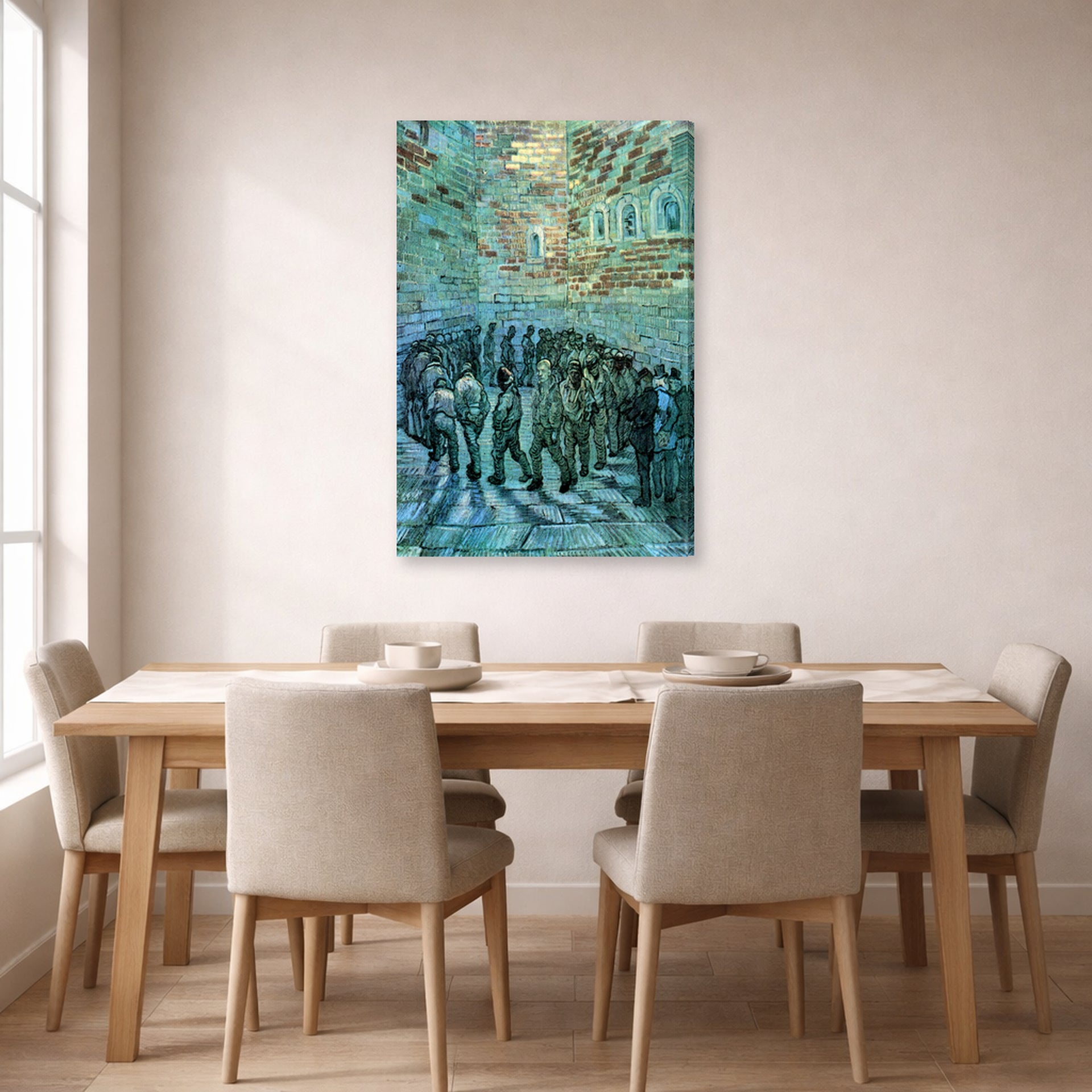 Gallery-wrapped canvas print of Vincent van Gogh's Prisoners Exercising displayed on a wall in a dining room