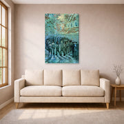 Gallery-wrapped canvas print of Vincent van Gogh's Prisoners Exercising displayed on a wall in a living room