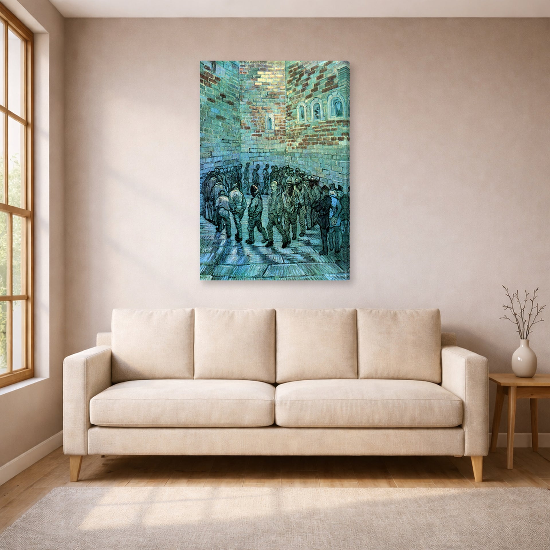 Gallery-wrapped canvas print of Vincent van Gogh's Prisoners Exercising displayed on a wall in a living room
