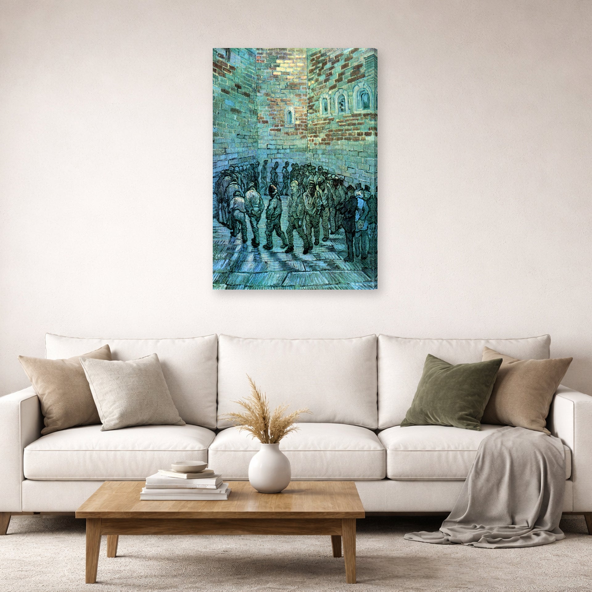 Gallery-wrapped canvas print of Vincent van Gogh's Prisoners Exercising displayed on a wall in a living room