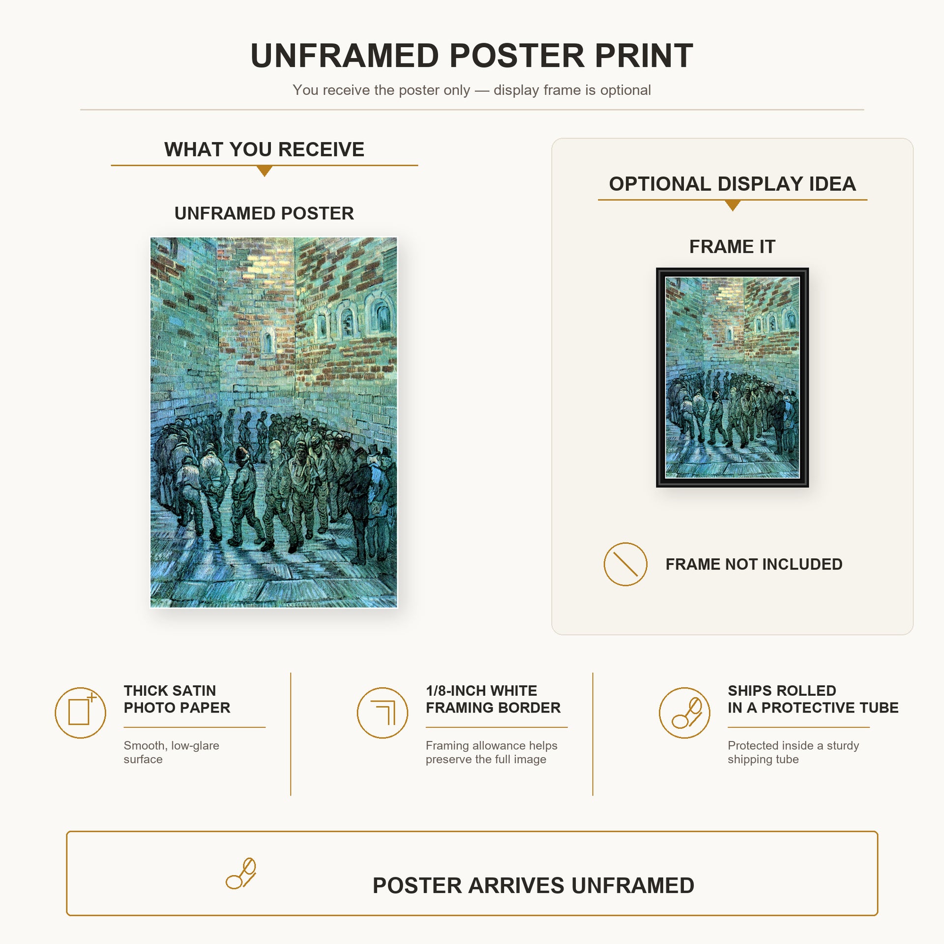 Vincent van Gogh - Prisoners Exercising poster print size comparison and framing display infographic