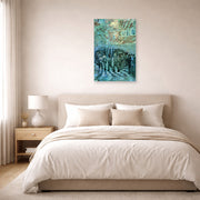 Unframed poster print of Vincent van Gogh's Prisoners Exercising displayed on a wall in a bedroom