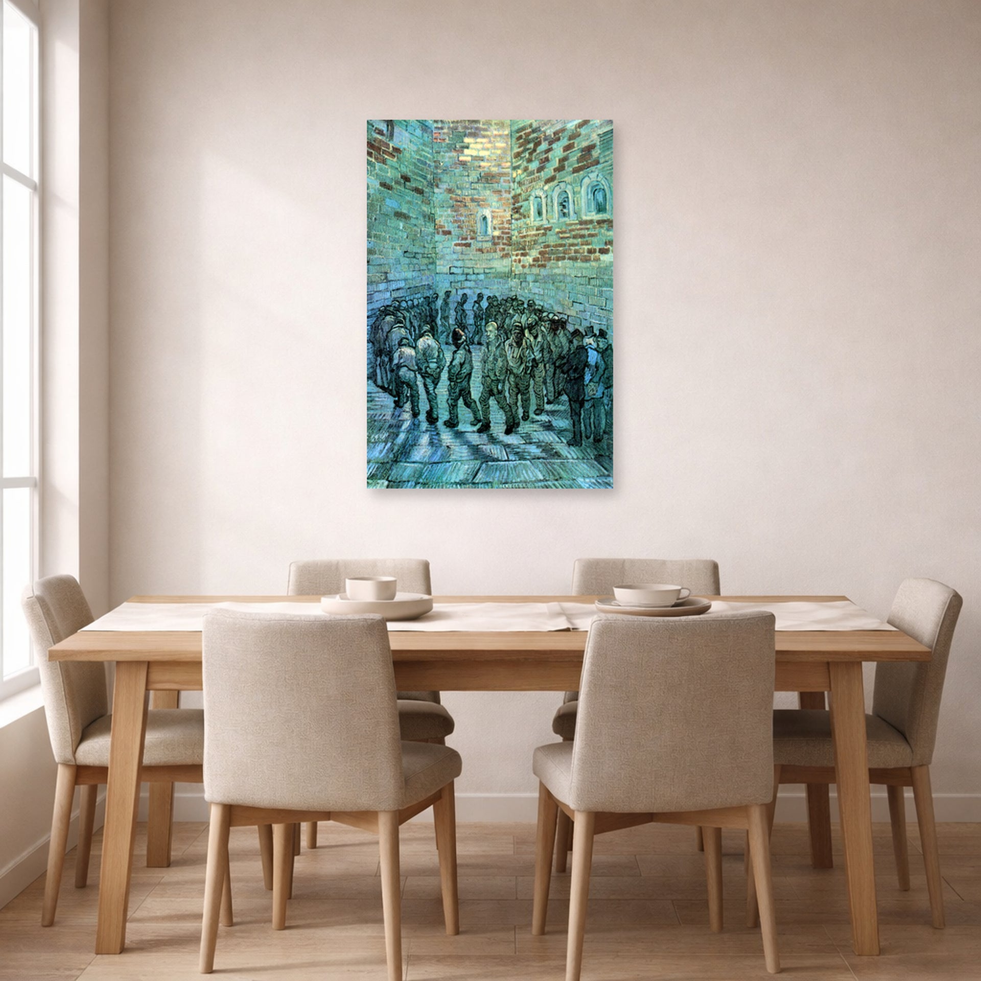 Unframed poster print of Vincent van Gogh's Prisoners Exercising displayed on a wall in a dining room