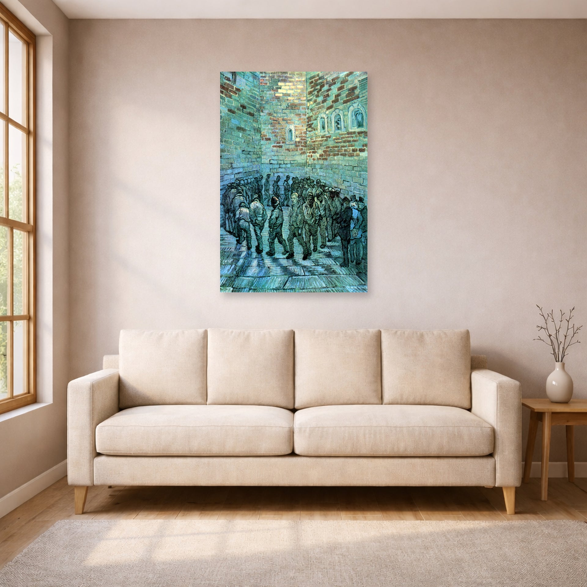 Unframed poster print of Vincent van Gogh's Prisoners Exercising displayed on a wall in a living room