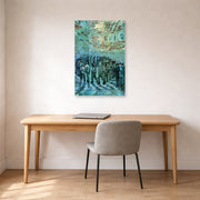 Unframed poster print of Vincent van Gogh's Prisoners Exercising displayed on a wall in a home office