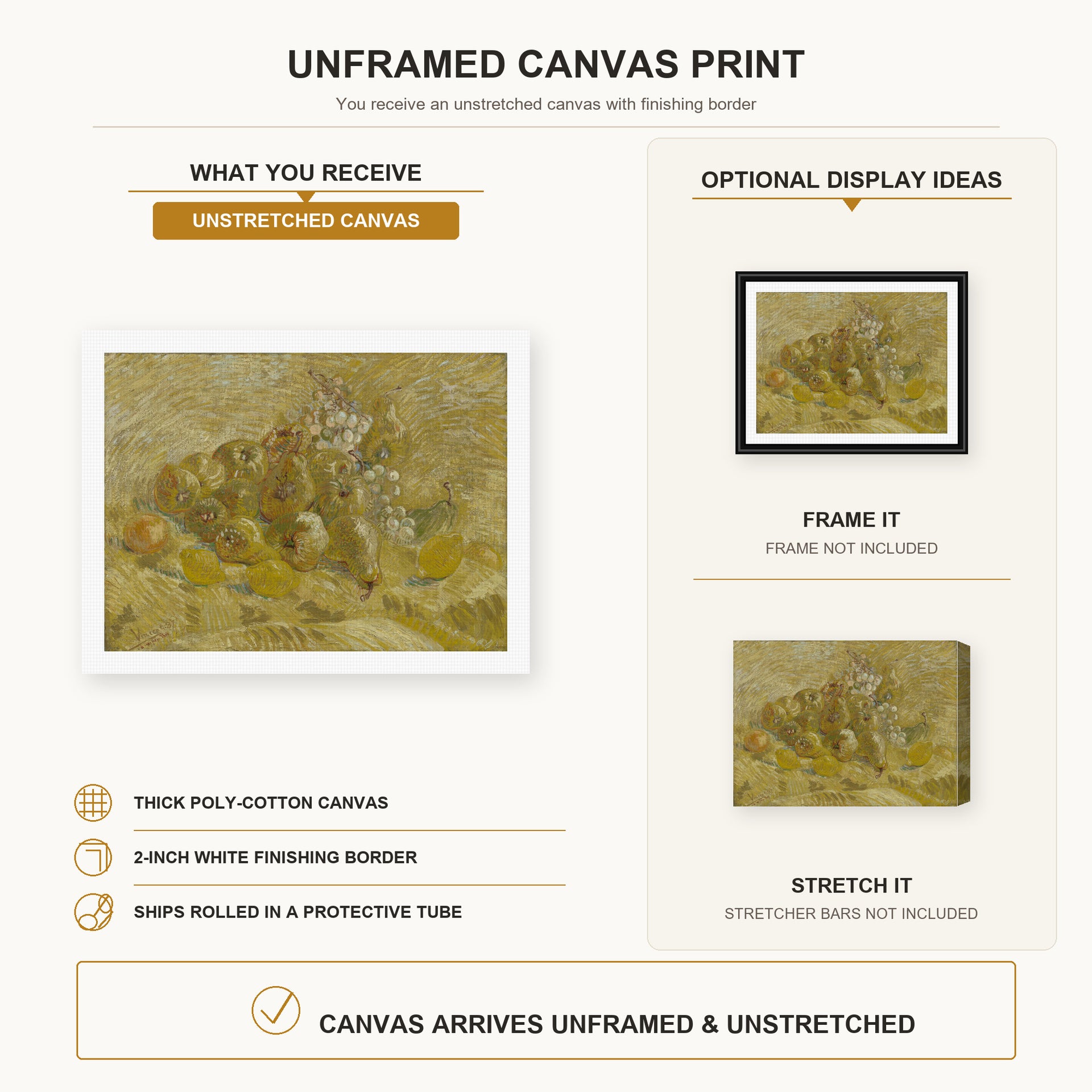 Vincent van Gogh - Quinces, Lemons, Pears and Grapes canvas print size comparison and framing display infographic