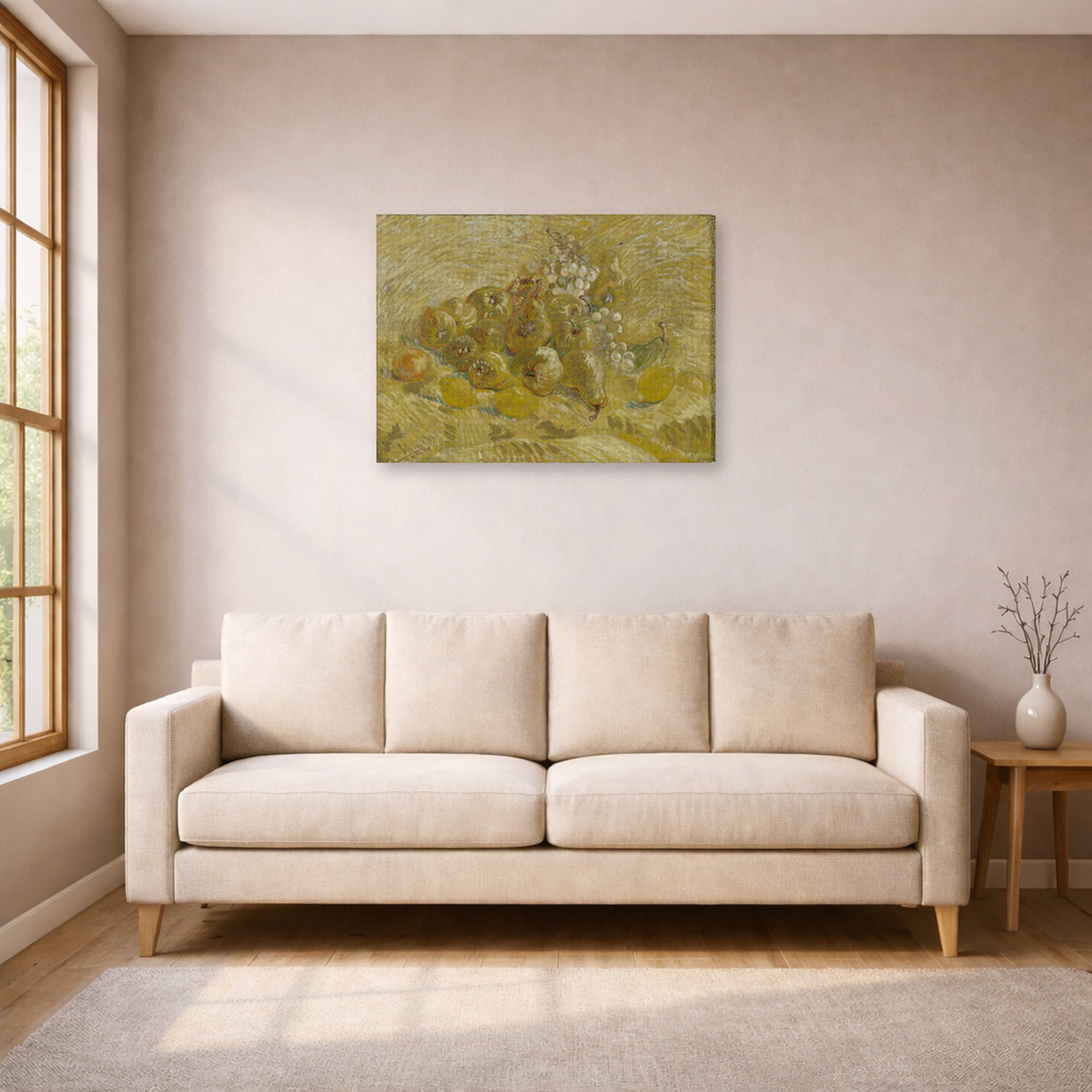 Gallery-wrapped canvas print of Vincent van Gogh's Quinces, Lemons, Pears and Grapes displayed on a wall in a living room