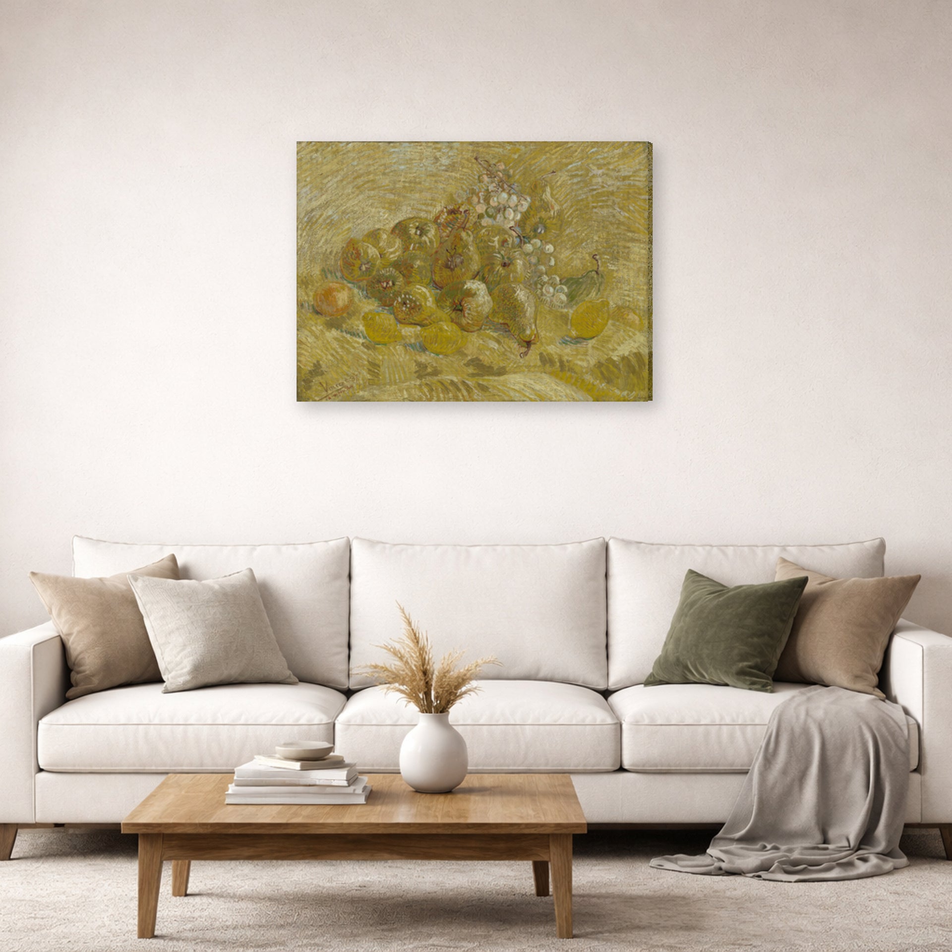 Gallery-wrapped canvas print of Vincent van Gogh's Quinces, Lemons, Pears and Grapes displayed on a wall in a living room