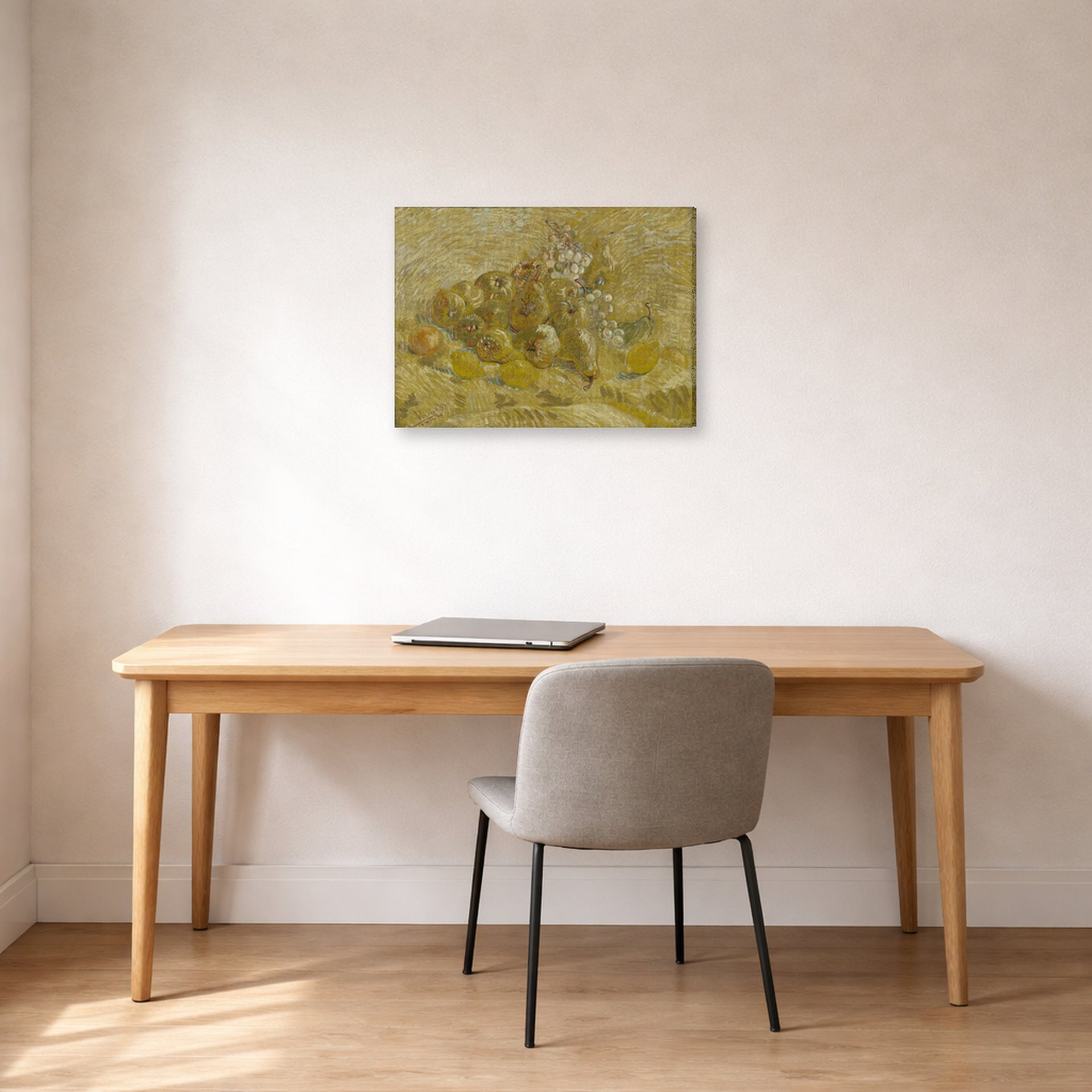 Gallery-wrapped canvas print of Vincent van Gogh's Quinces, Lemons, Pears and Grapes displayed on a wall in a home office