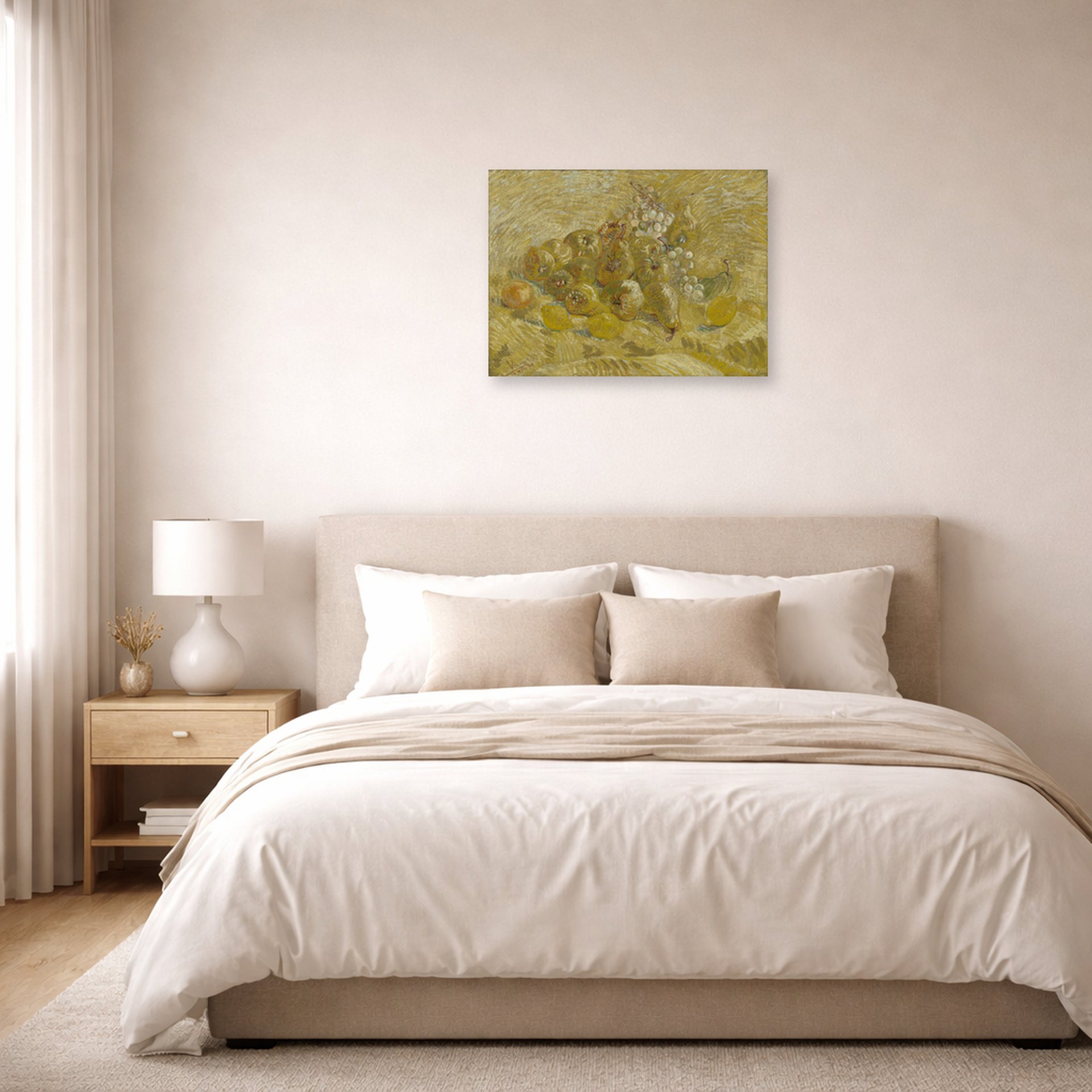 Unframed poster print of Vincent van Gogh's Quinces, Lemons, Pears and Grapes displayed on a wall in a bedroom