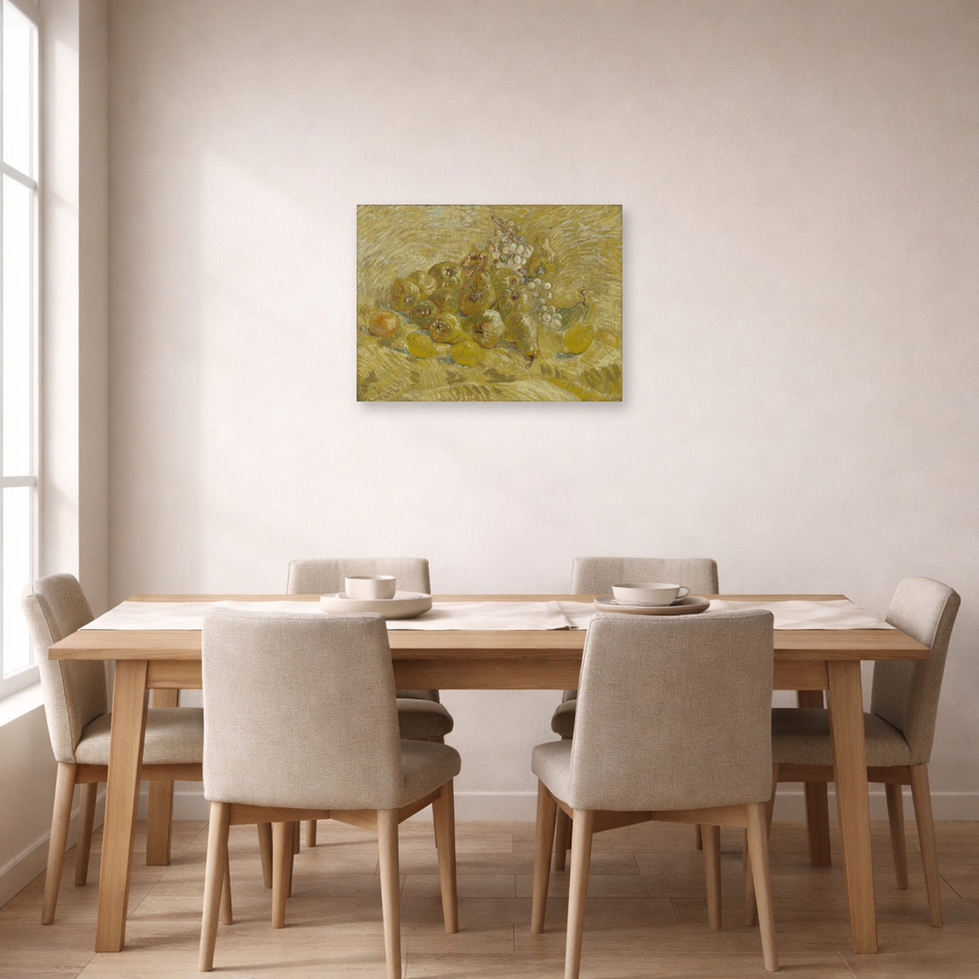 Unframed poster print of Vincent van Gogh's Quinces, Lemons, Pears and Grapes displayed on a wall in a dining room
