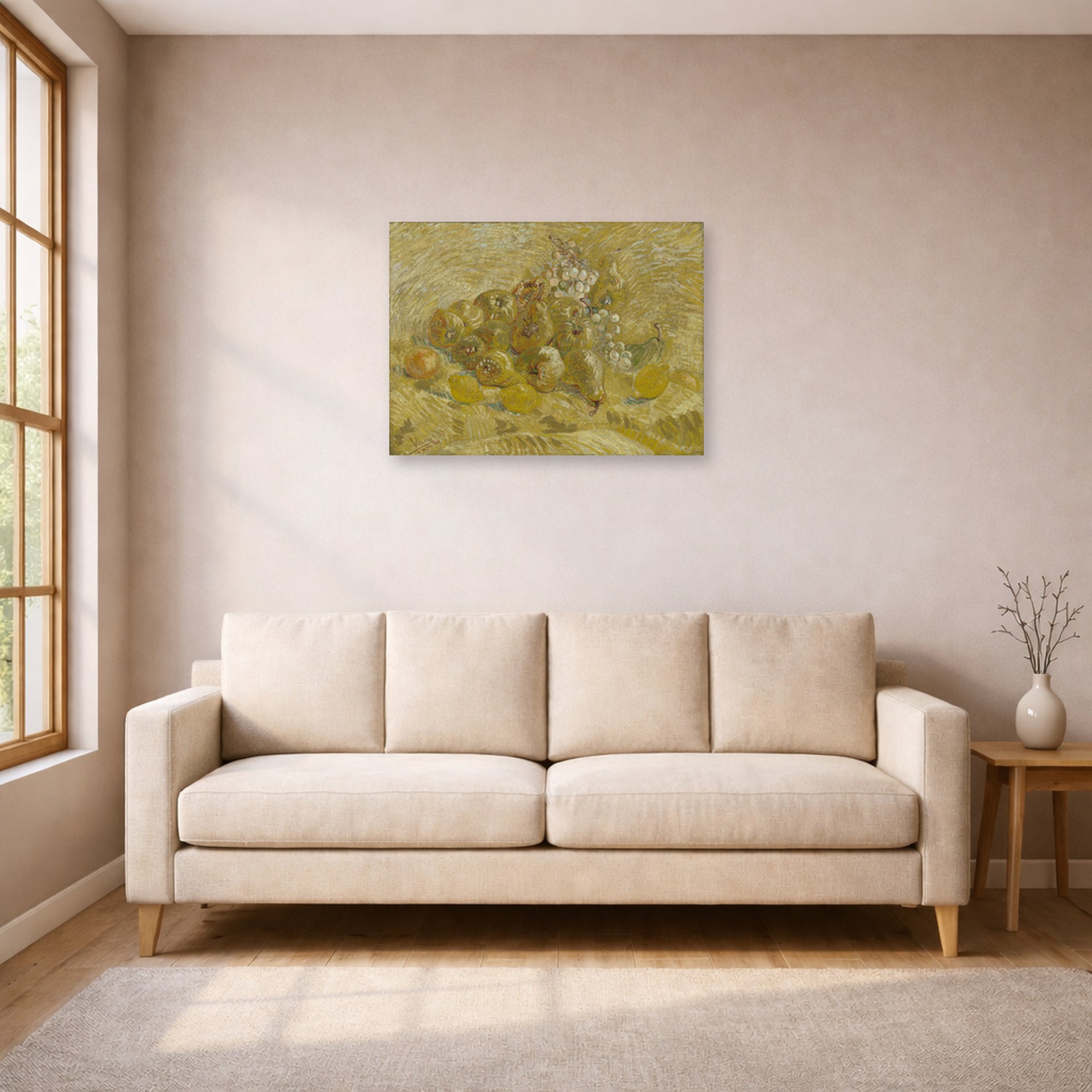 Unframed poster print of Vincent van Gogh's Quinces, Lemons, Pears and Grapes displayed on a wall in a living room