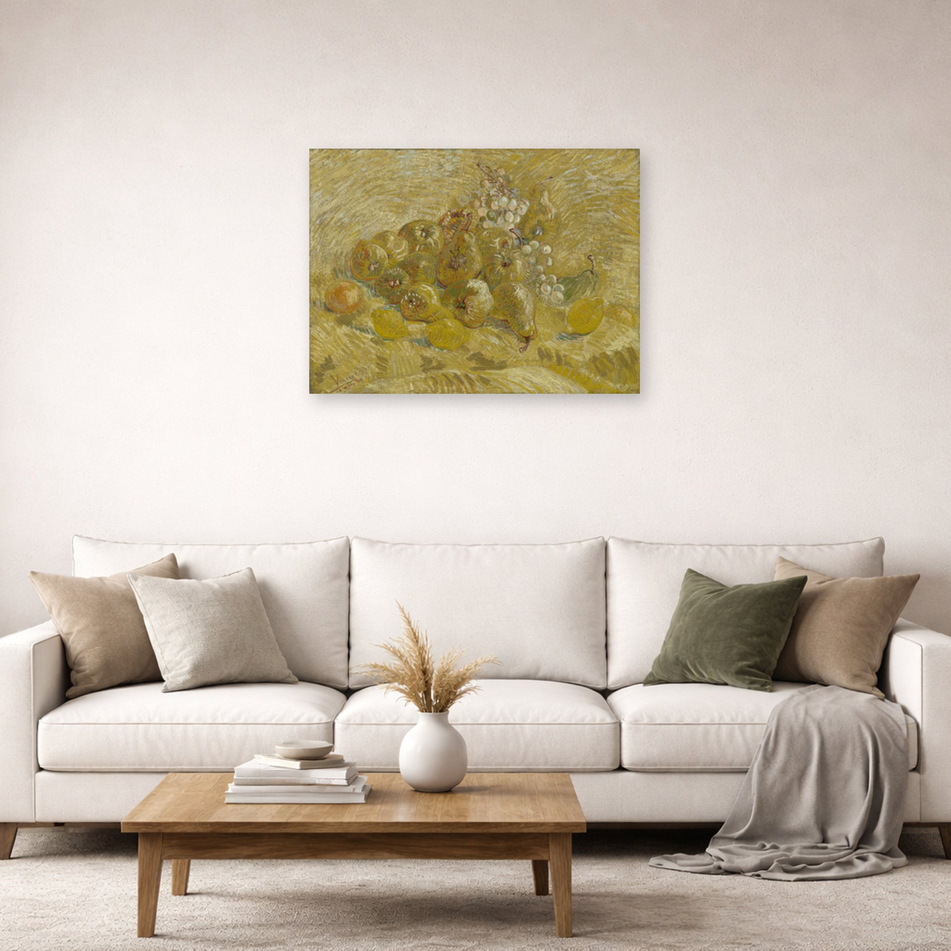Unframed poster print of Vincent van Gogh's Quinces, Lemons, Pears and Grapes displayed on a wall in a living room