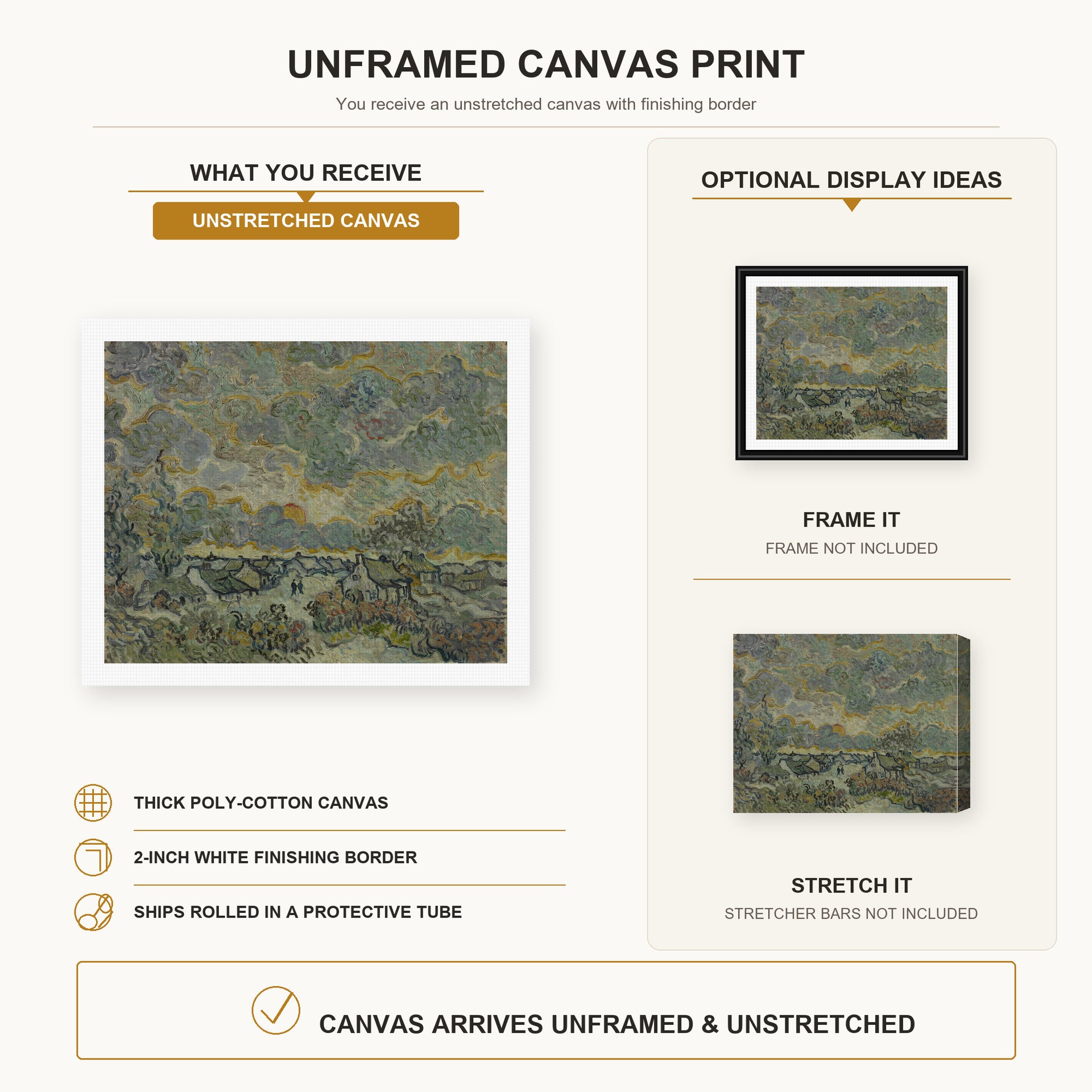 Vincent van Gogh - Reminiscence of Brabant canvas print size comparison and framing display infographic