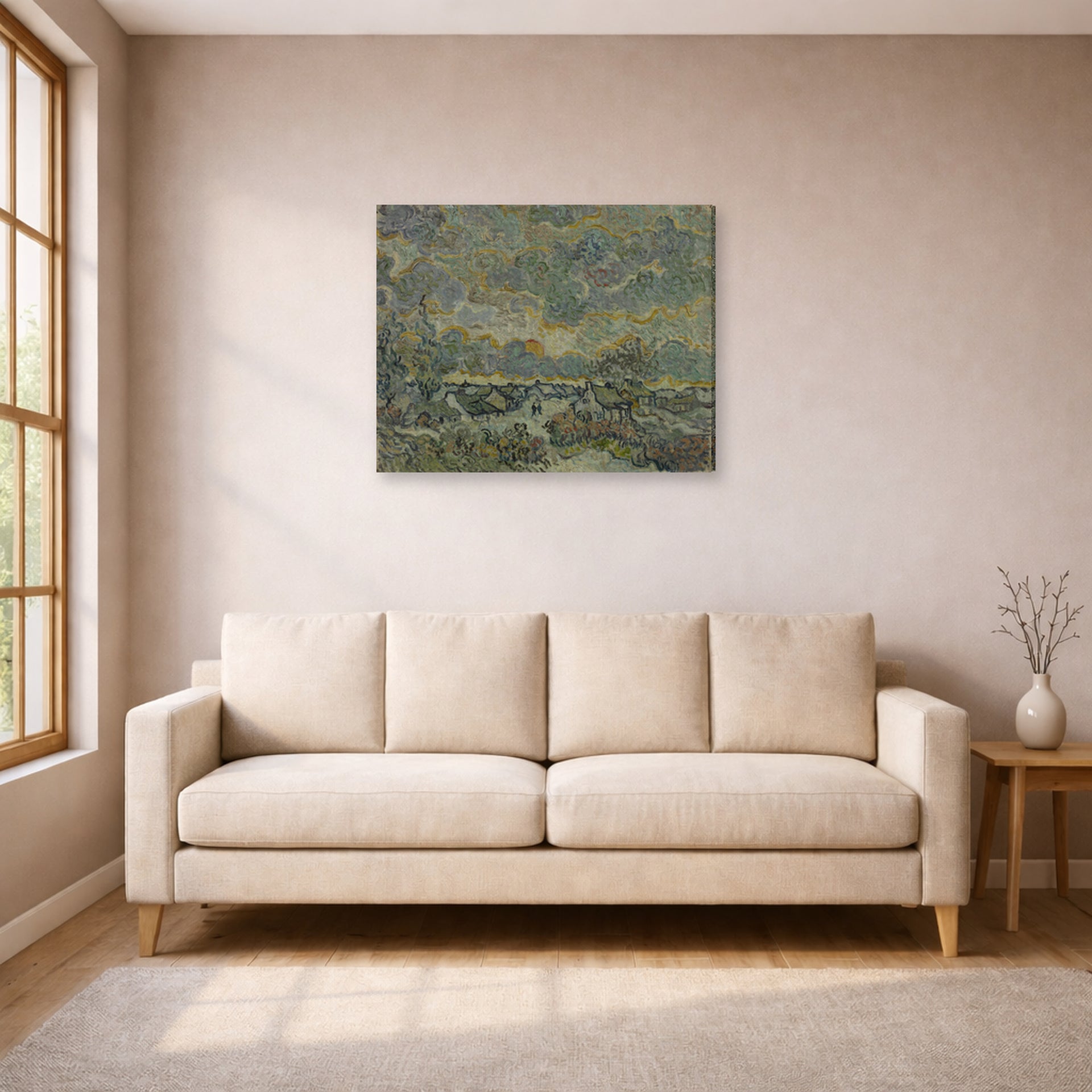 Gallery-wrapped canvas print of Vincent van Gogh's Reminiscence of Brabant displayed on a wall in a living room