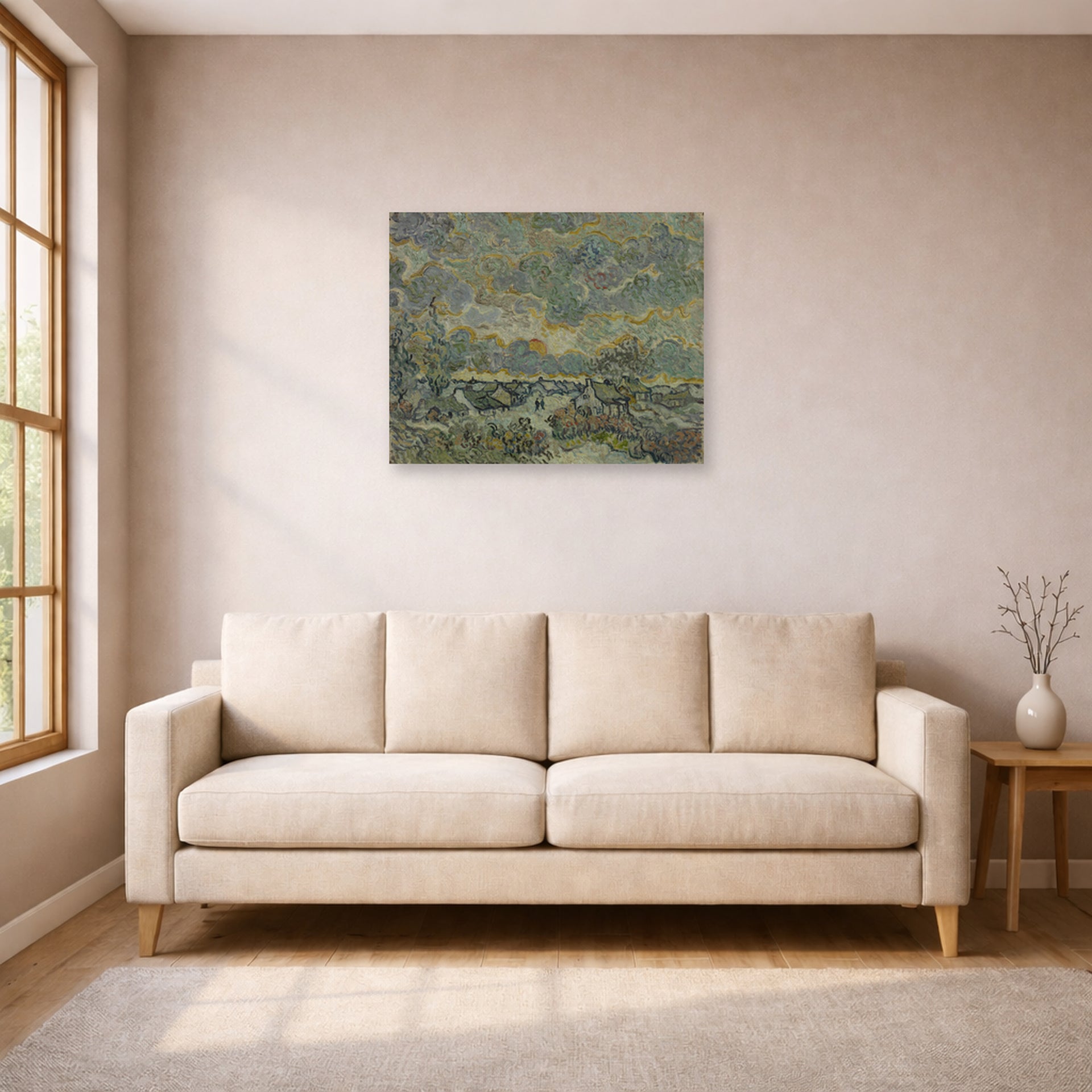 Unframed poster print of Vincent van Gogh's Reminiscence of Brabant displayed on a wall in a living room