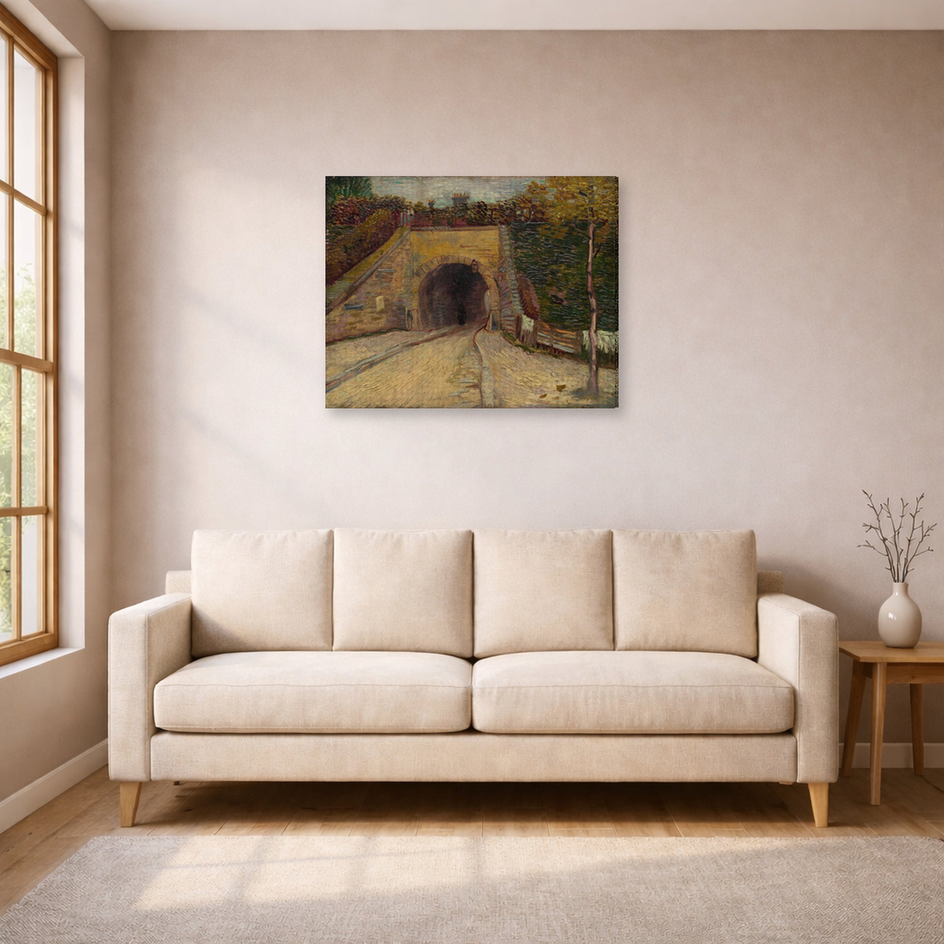 Gallery-wrapped canvas print of Vincent van Gogh's Roadway with Underpass displayed on a wall in a living room
