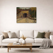 Gallery-wrapped canvas print of Vincent van Gogh's Roadway with Underpass displayed on a wall in a living room