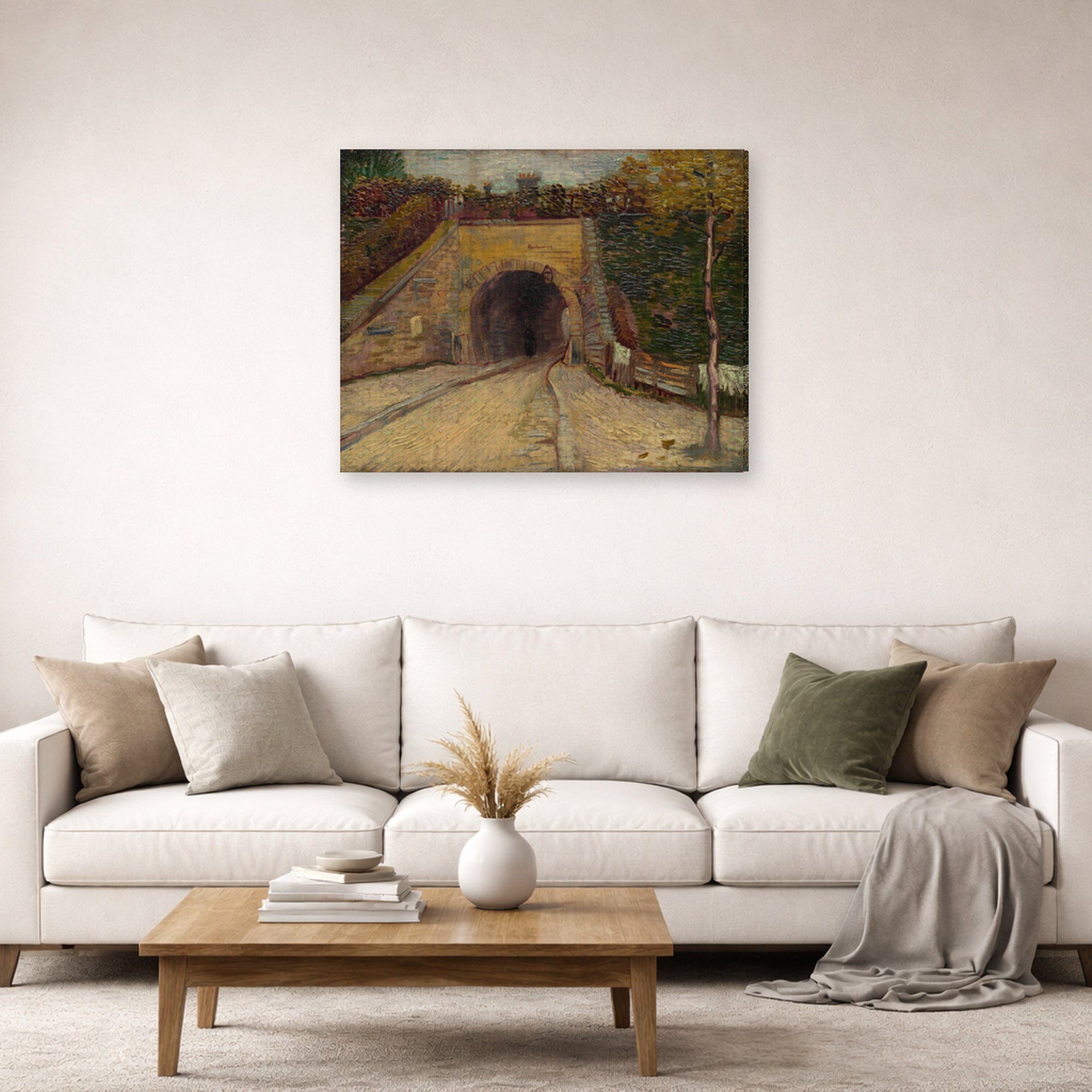 Gallery-wrapped canvas print of Vincent van Gogh's Roadway with Underpass displayed on a wall in a living room
