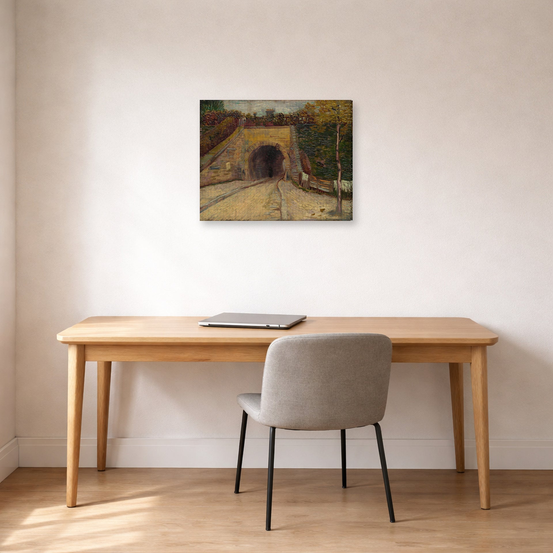 Gallery-wrapped canvas print of Vincent van Gogh's Roadway with Underpass displayed on a wall in a home office