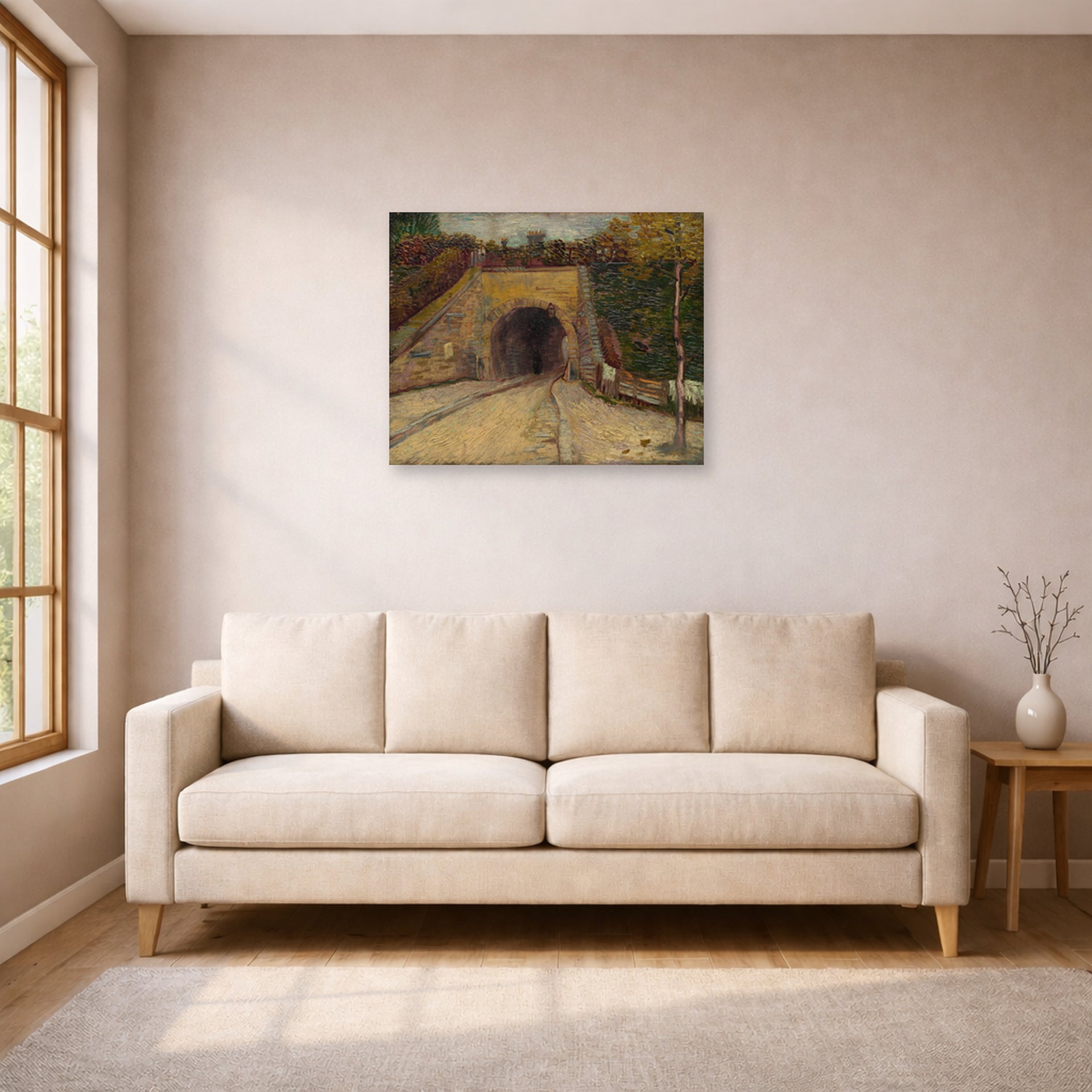 Unframed poster print of Vincent van Gogh's Roadway with Underpass displayed on a wall in a living room