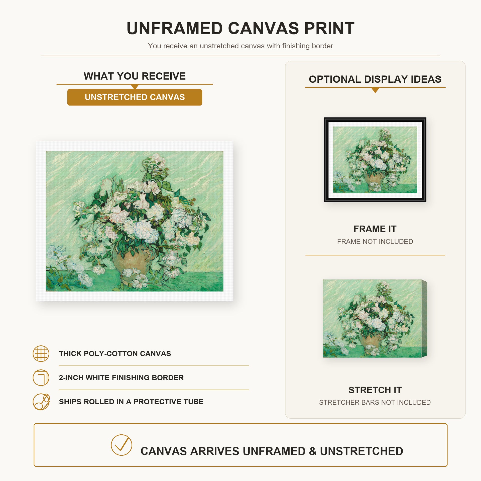 Vincent van Gogh - Roses 2 canvas print size comparison and framing display infographic