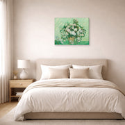 Gallery-wrapped canvas print of Vincent van Gogh's Roses 2 displayed on a wall in a bedroom