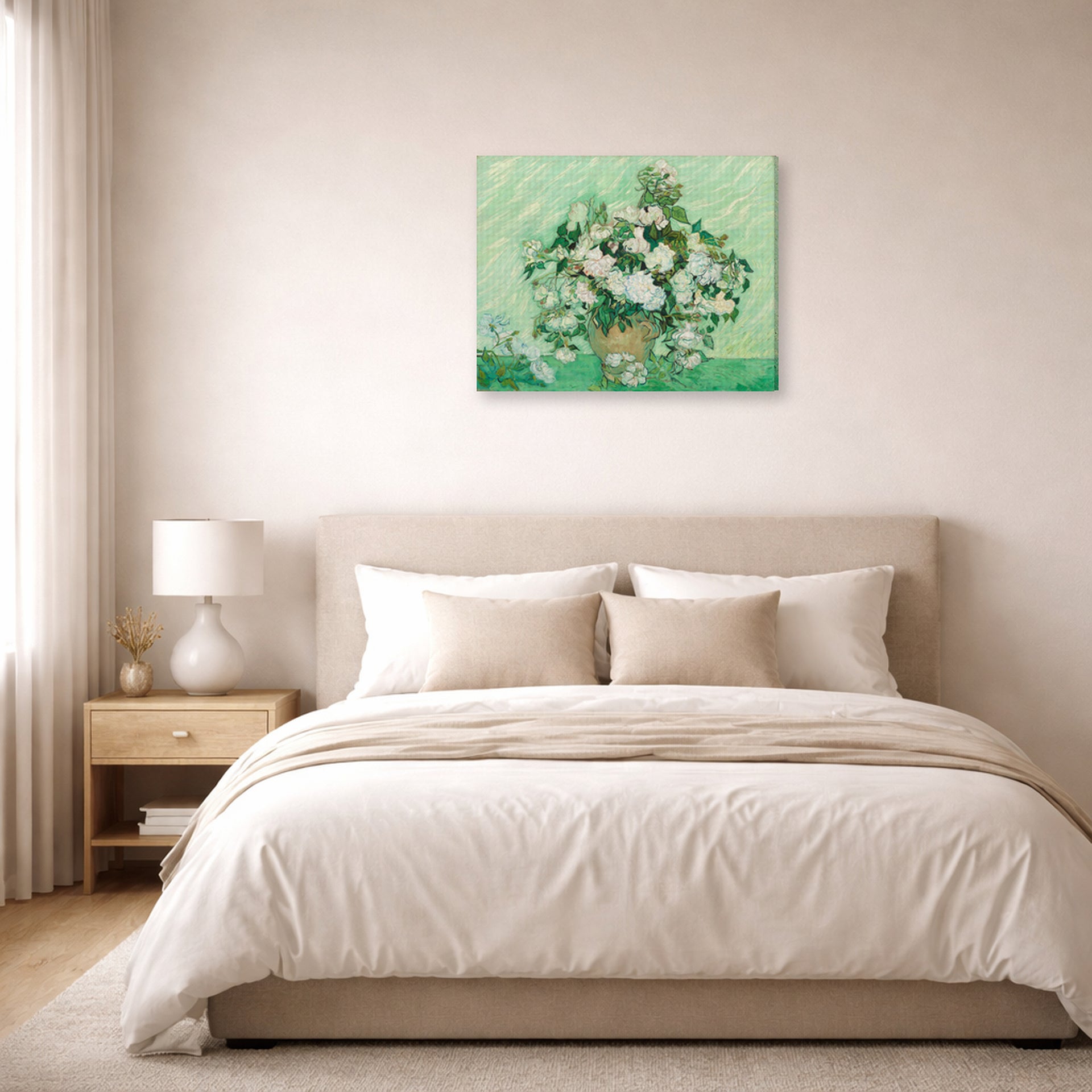Gallery-wrapped canvas print of Vincent van Gogh's Roses 2 displayed on a wall in a bedroom