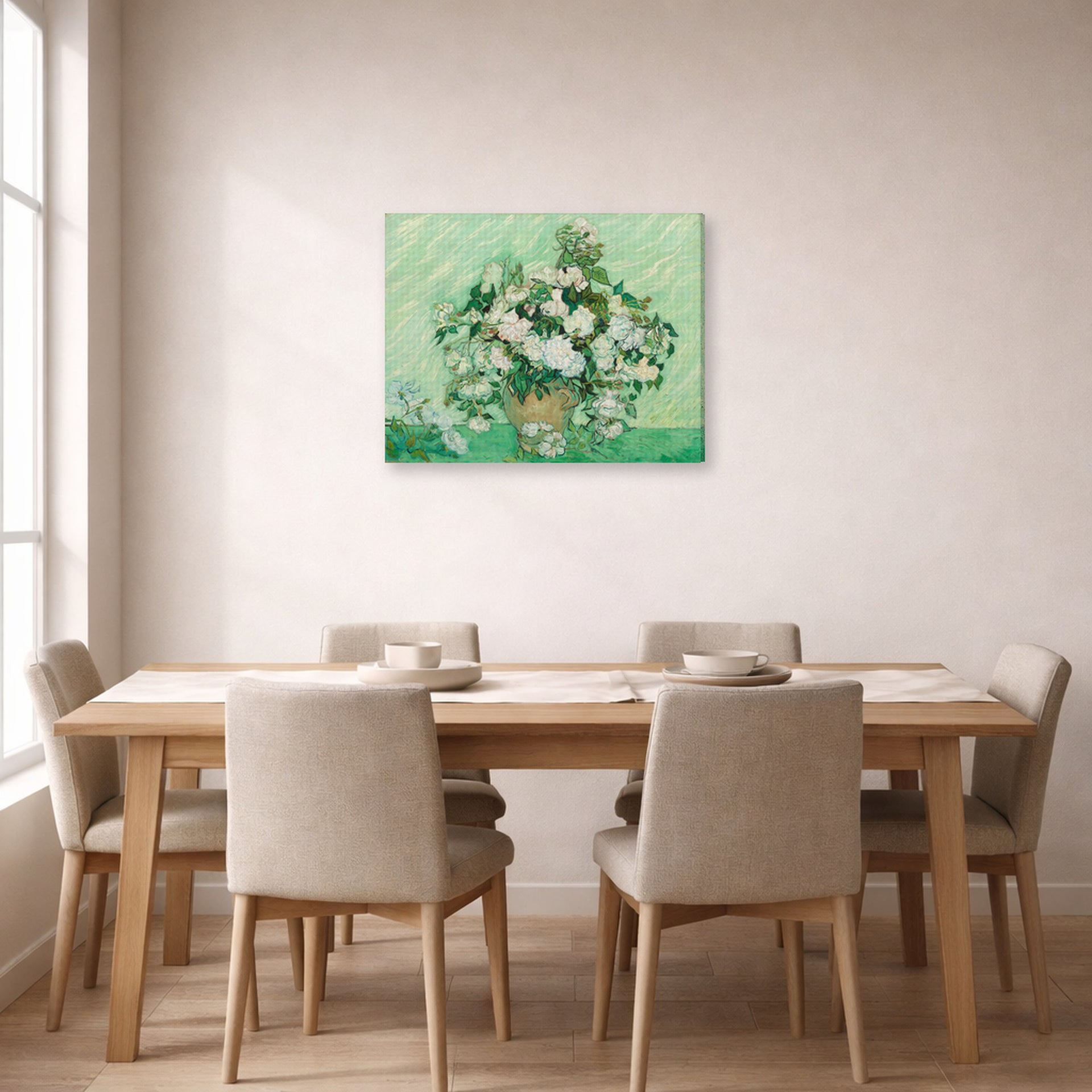 Gallery-wrapped canvas print of Vincent van Gogh's Roses 2 displayed on a wall in a dining room