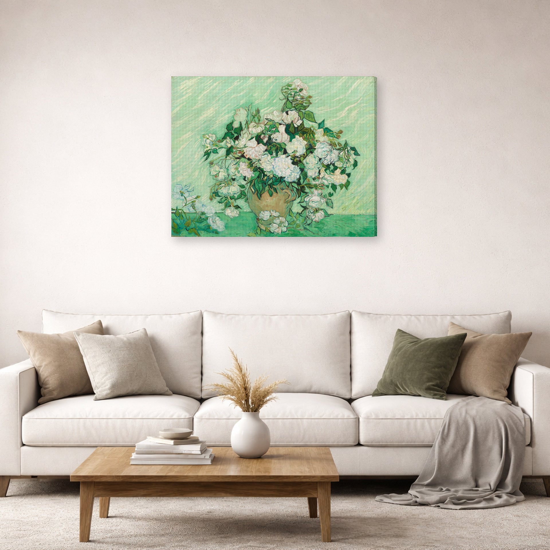 Gallery-wrapped canvas print of Vincent van Gogh's Roses 2 displayed on a wall in a living room