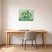 Gallery-wrapped canvas print of Vincent van Gogh's Roses 2 displayed on a wall in a home office