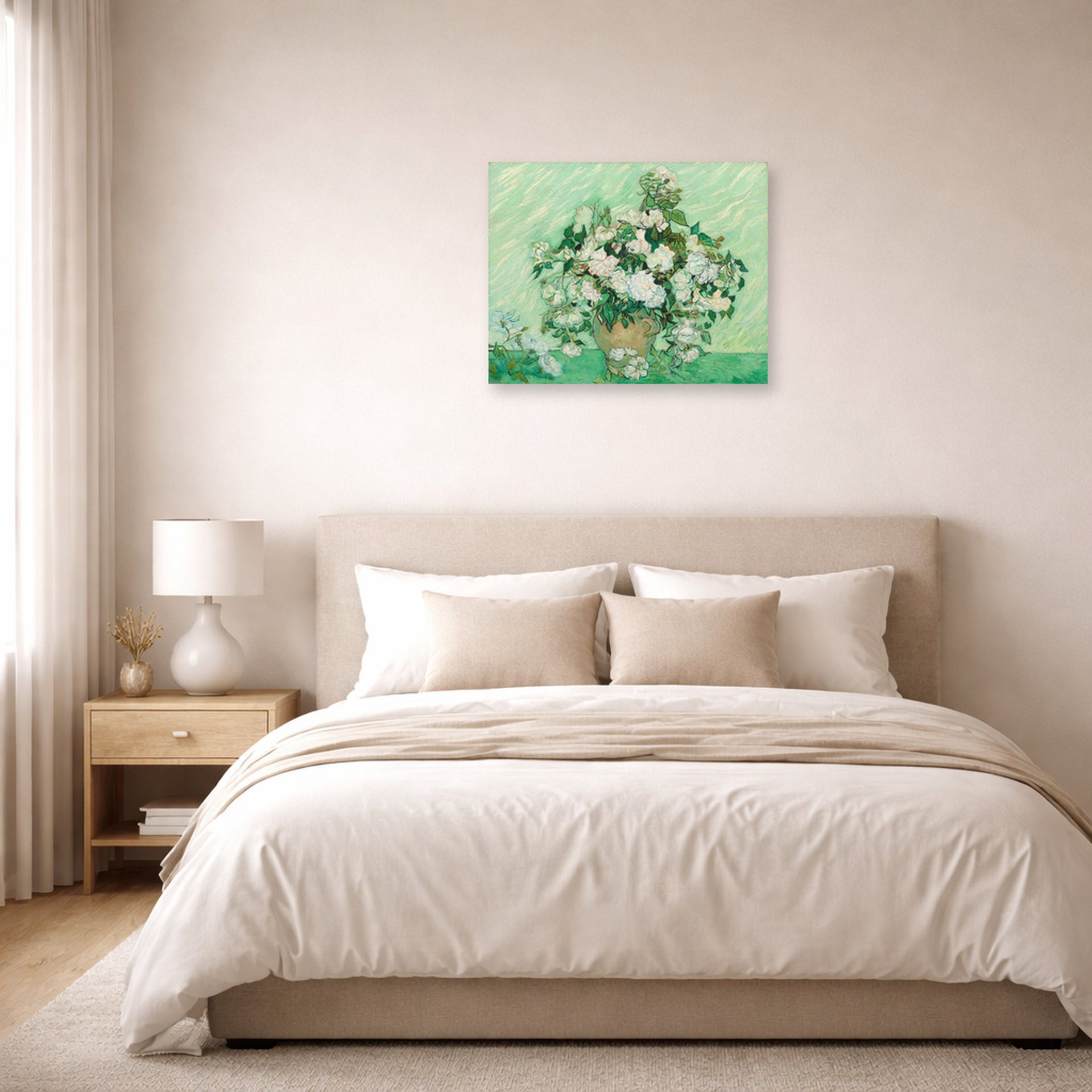 Unframed poster print of Vincent van Gogh's Roses 2 displayed on a wall in a bedroom