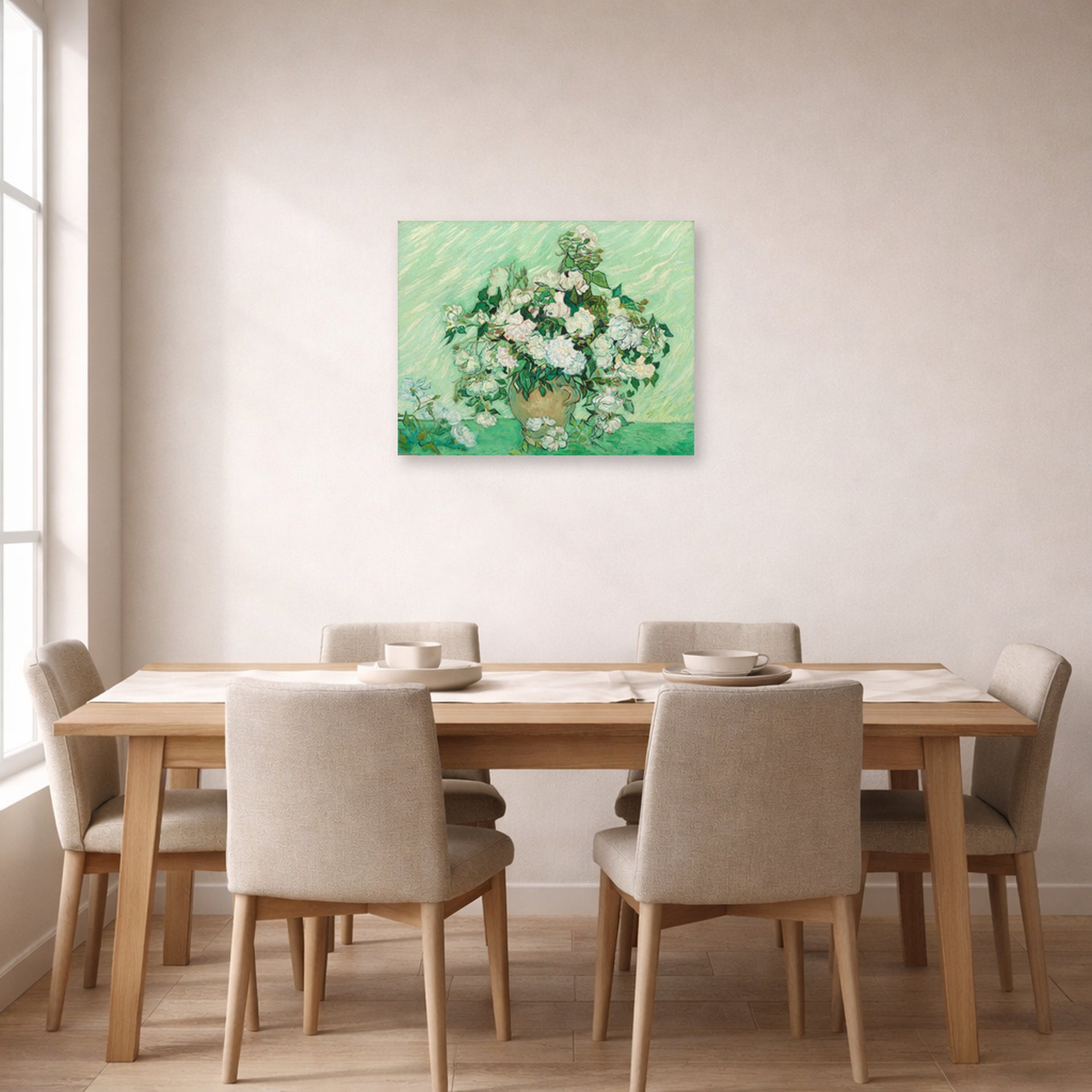 Unframed poster print of Vincent van Gogh's Roses 2 displayed on a wall in a dining room