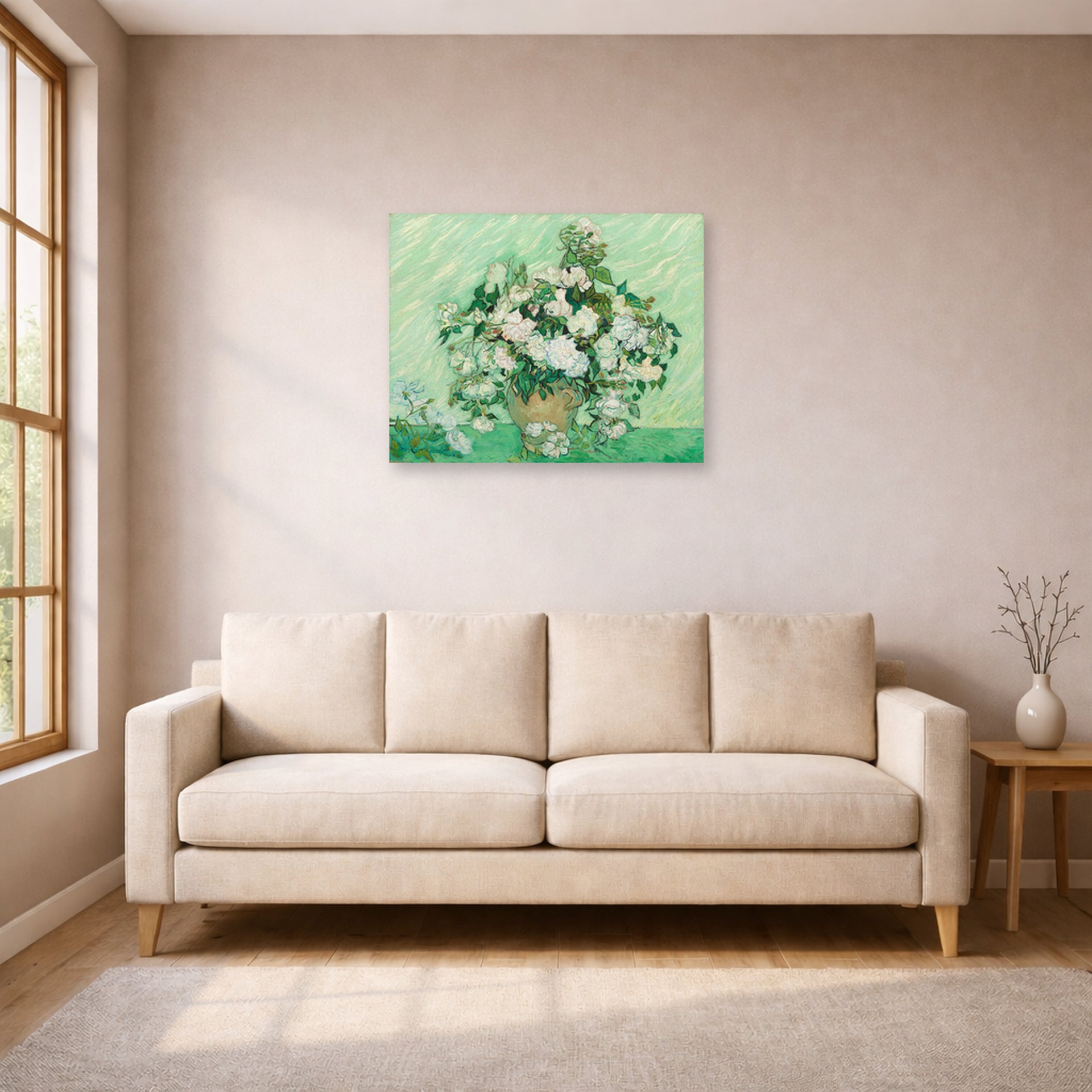 Unframed poster print of Vincent van Gogh's Roses 2 displayed on a wall in a living room