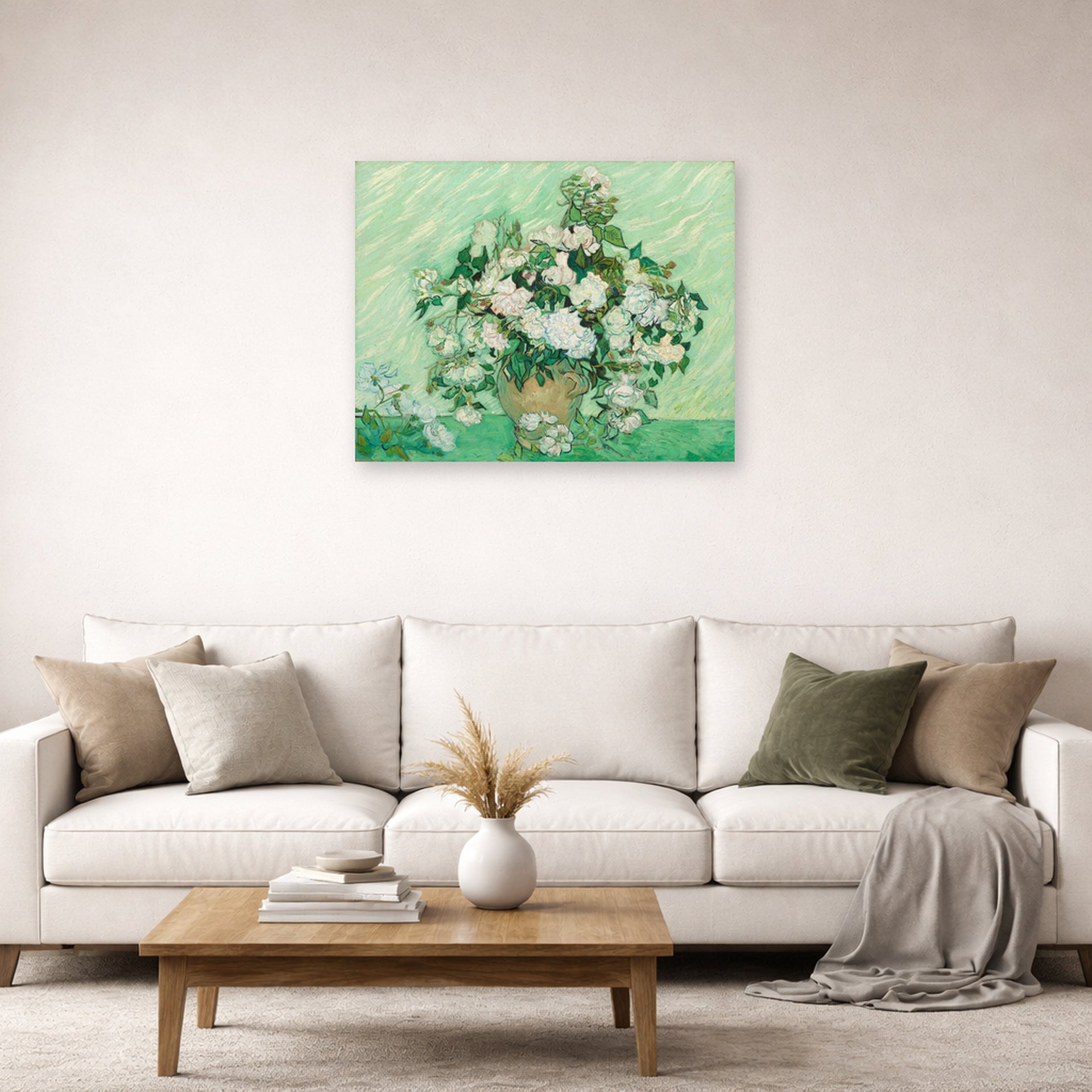 Unframed poster print of Vincent van Gogh's Roses 2 displayed on a wall in a living room