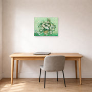 Unframed poster print of Vincent van Gogh's Roses 2 displayed on a wall in a home office