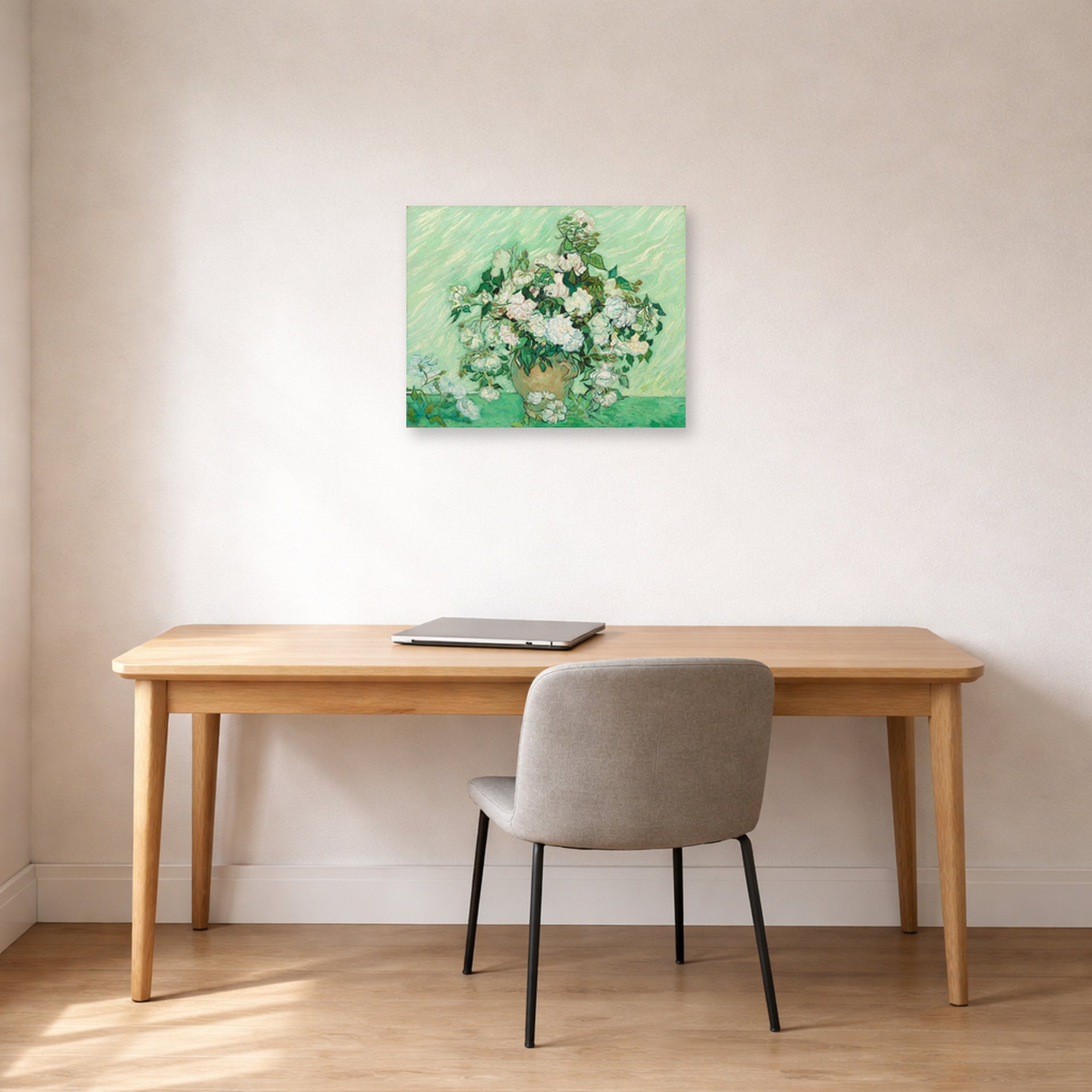 Unframed poster print of Vincent van Gogh's Roses 2 displayed on a wall in a home office