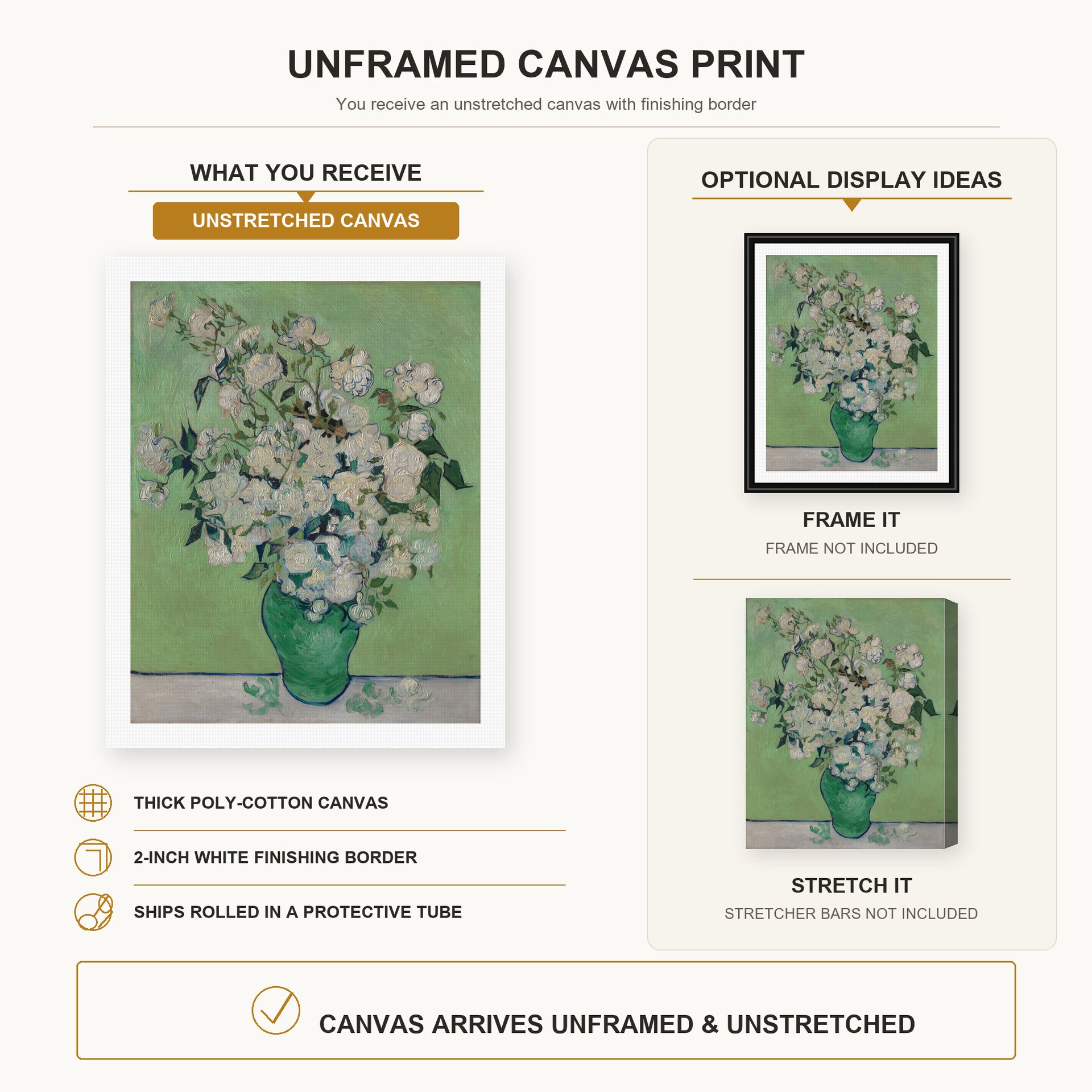Vincent van Gogh - Roses canvas print size comparison and framing display infographic