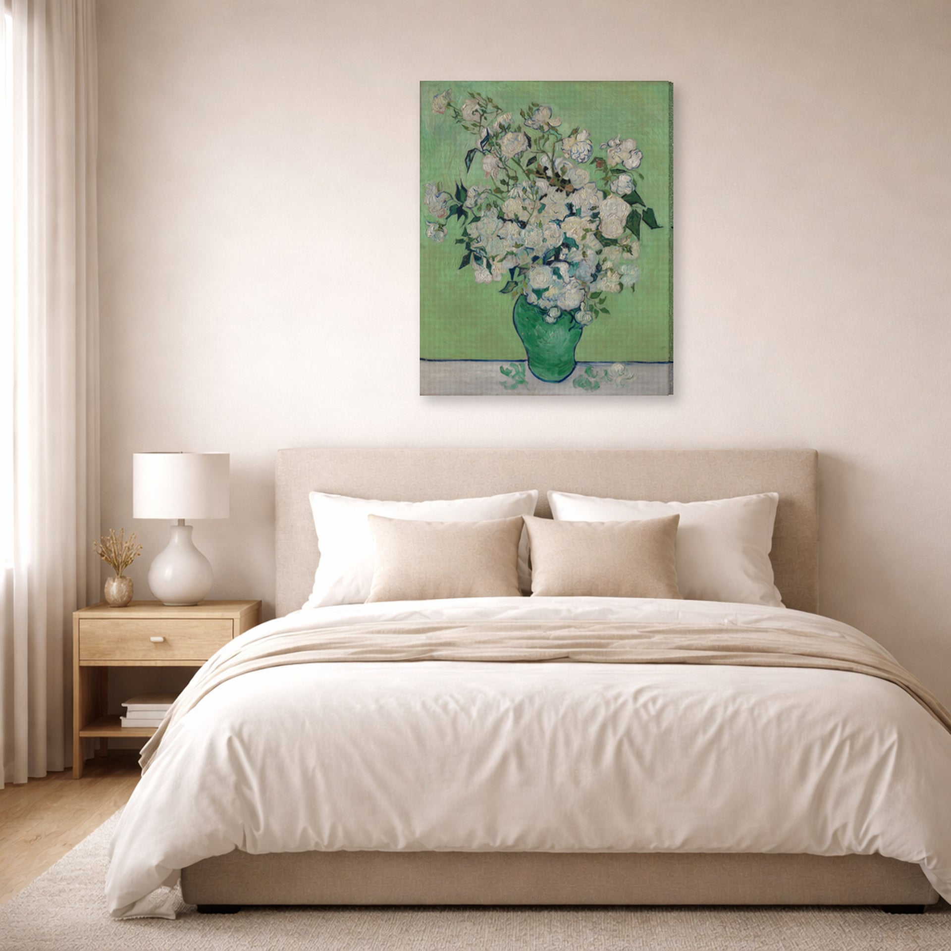 Gallery-wrapped canvas print of Vincent van Gogh's Roses displayed on a wall in a bedroom
