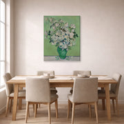 Gallery-wrapped canvas print of Vincent van Gogh's Roses displayed on a wall in a dining room