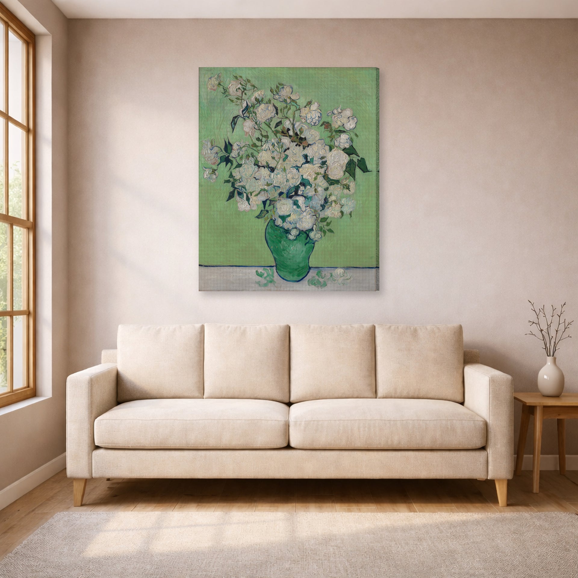 Gallery-wrapped canvas print of Vincent van Gogh's Roses displayed on a wall in a living room
