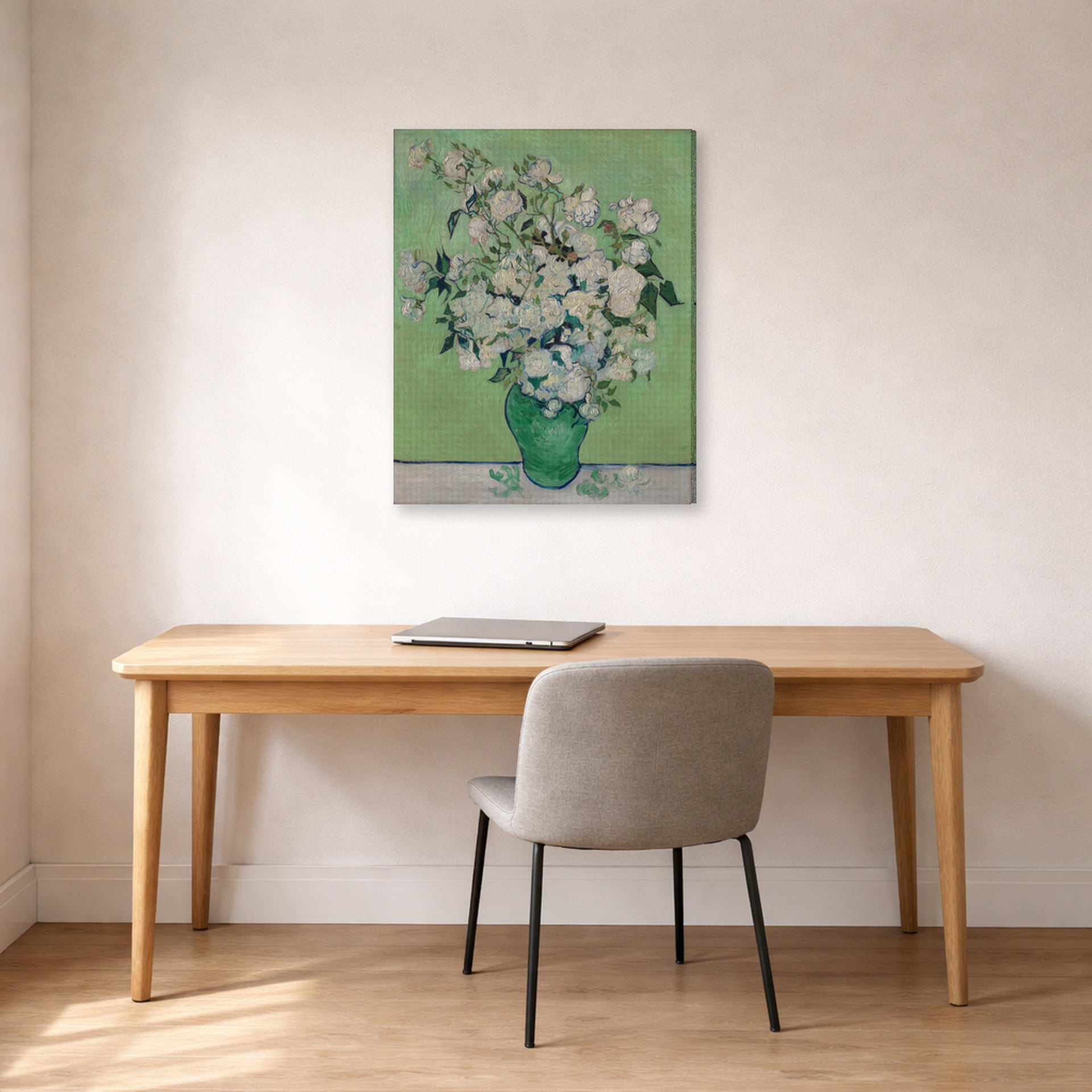 Gallery-wrapped canvas print of Vincent van Gogh's Roses displayed on a wall in a home office