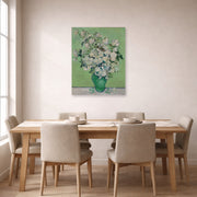 Unframed poster print of Vincent van Gogh's Roses displayed on a wall in a dining room