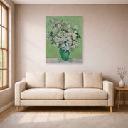 Unframed poster print of Vincent van Gogh's Roses displayed on a wall in a living room
