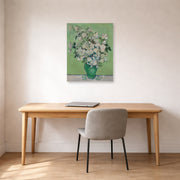Unframed poster print of Vincent van Gogh's Roses displayed on a wall in a home office