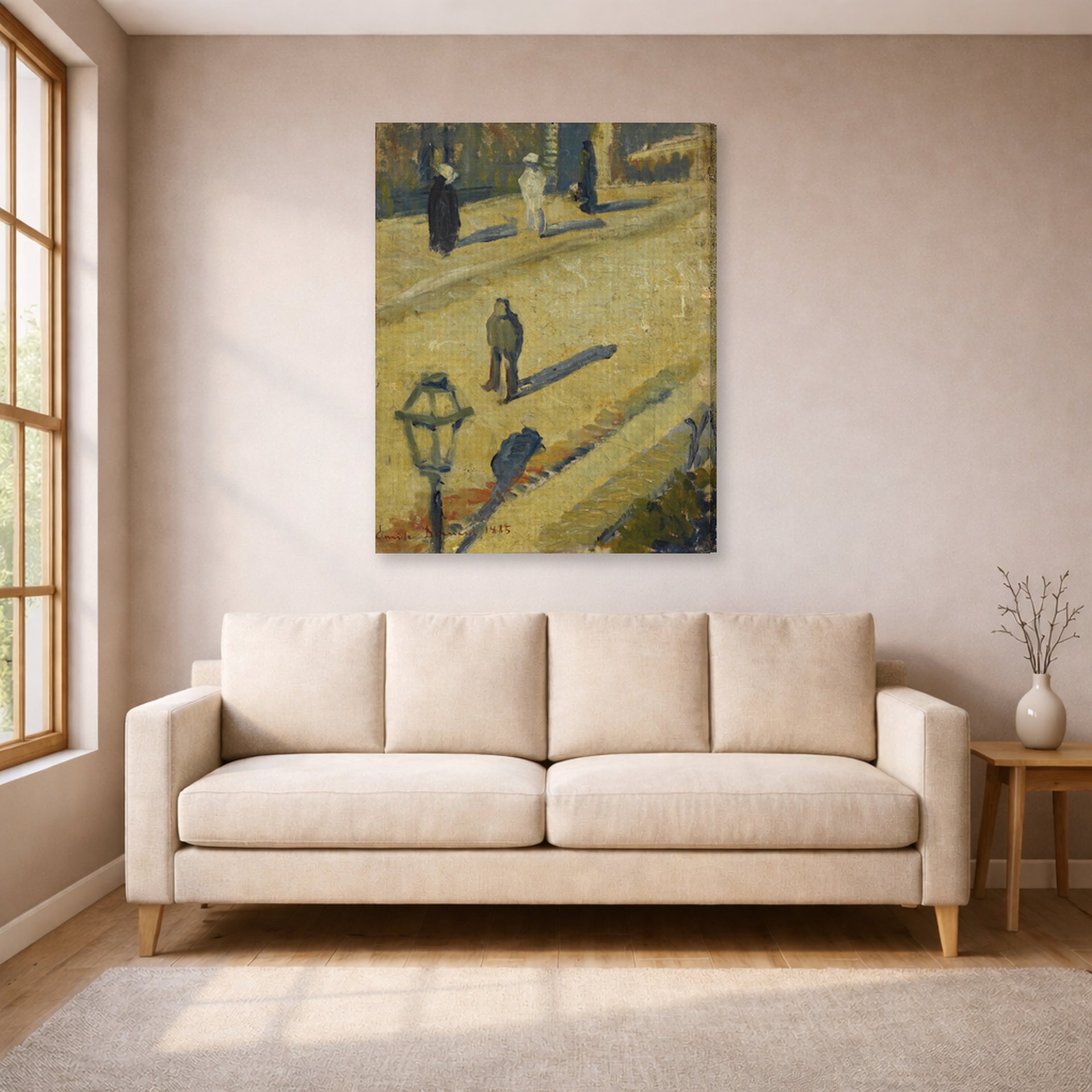 Gallery-wrapped canvas print of Vincent van Gogh's Scene De Rue displayed on a wall in a living room
