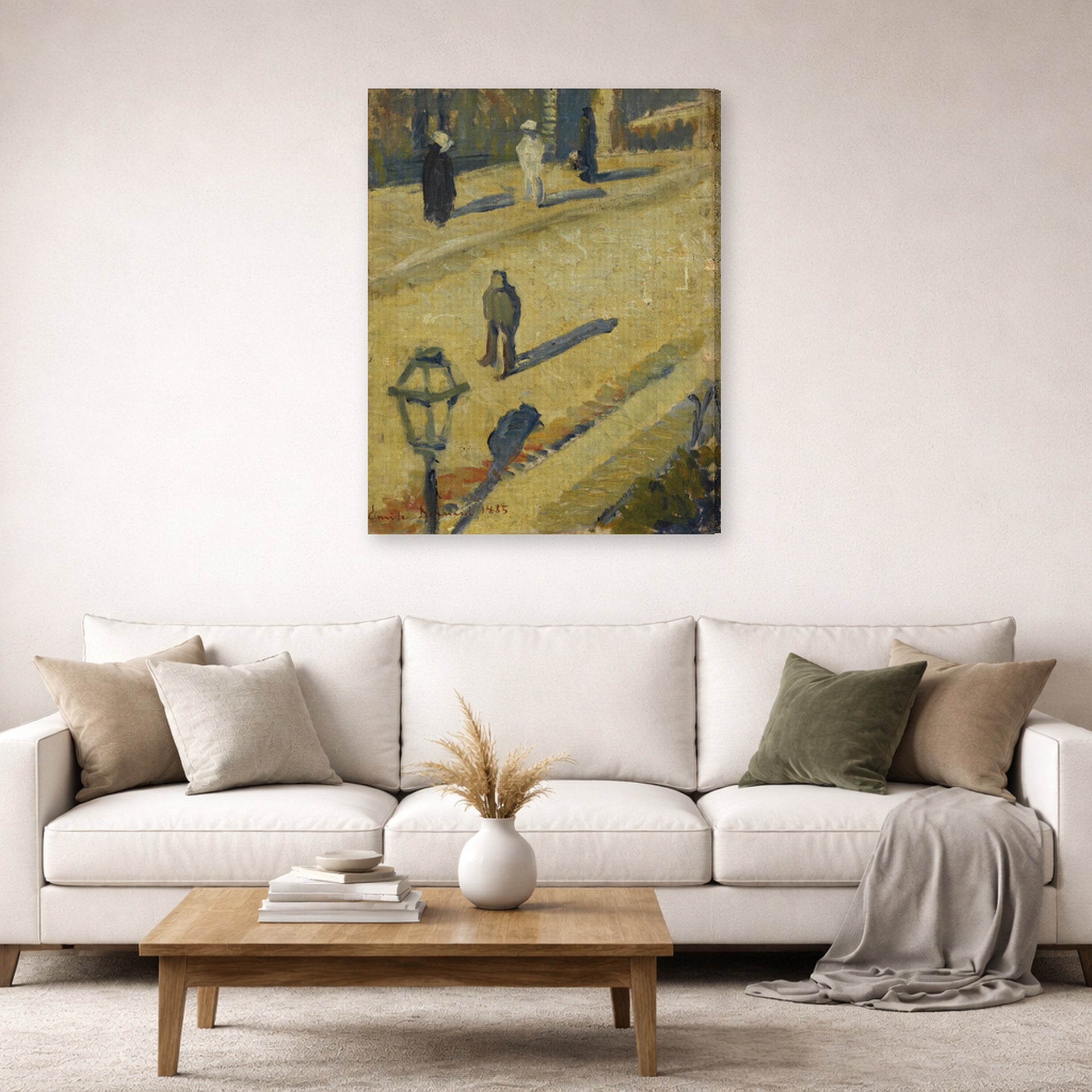 Gallery-wrapped canvas print of Vincent van Gogh's Scene De Rue displayed on a wall in a living room