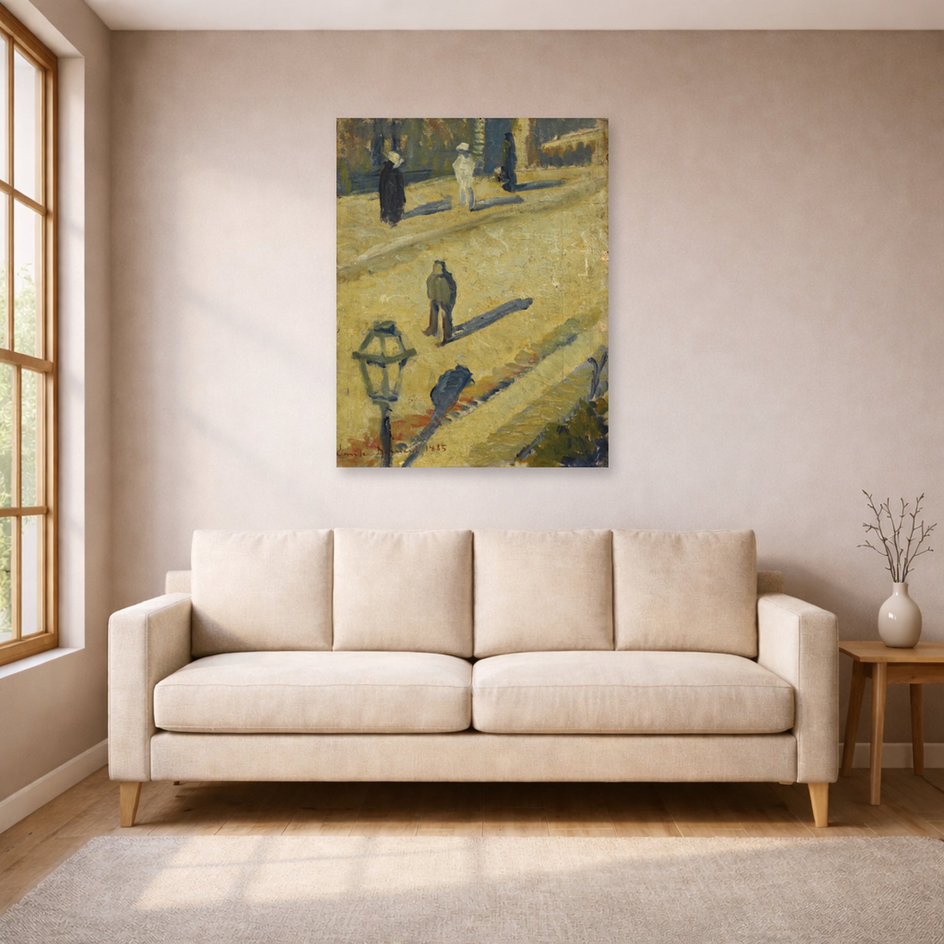 Unframed poster print of Vincent van Gogh's Scene De Rue displayed on a wall in a living room